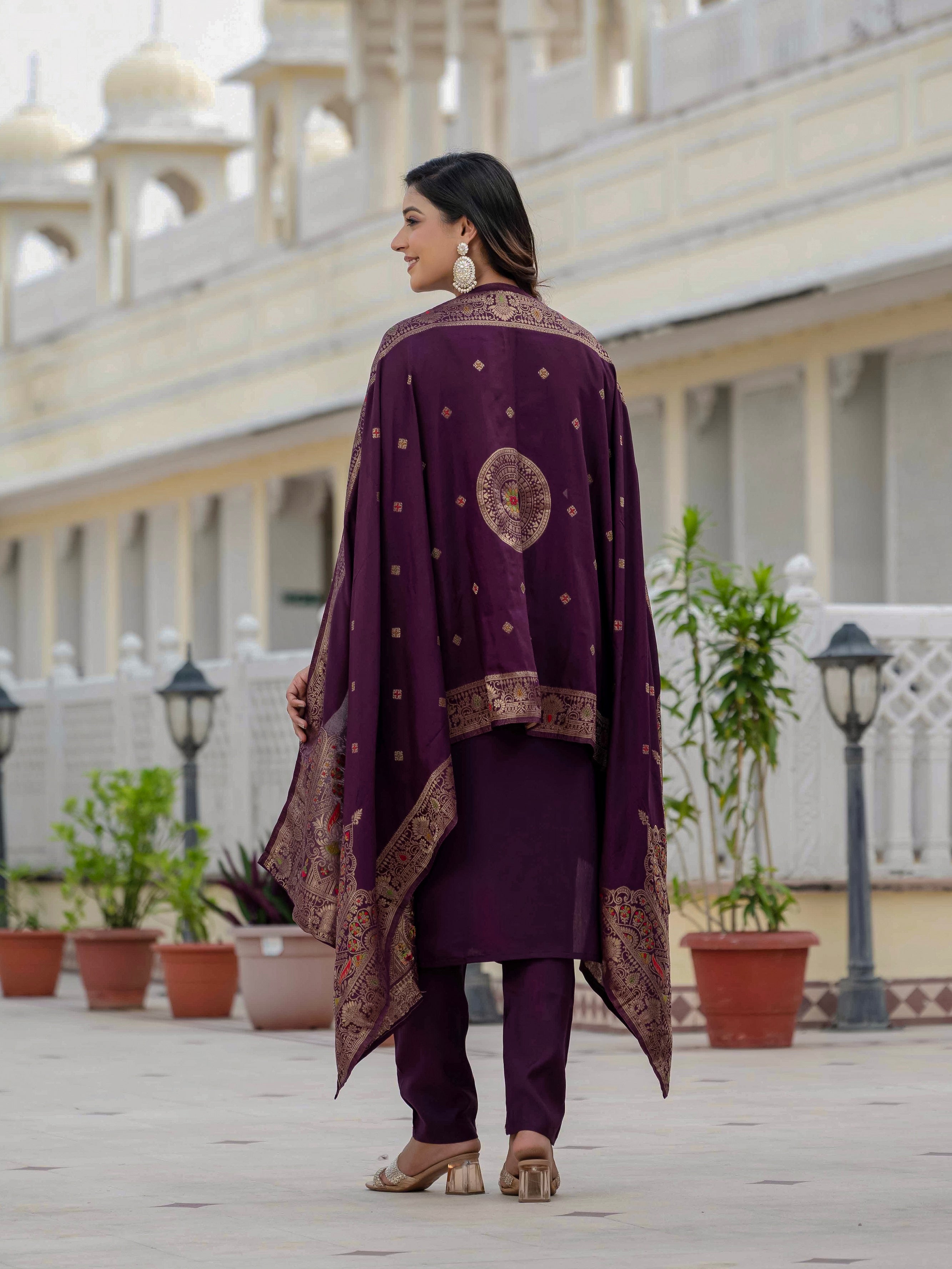 Vedant Vastram Roman Silk Embroidery & Sequence Work Stitched Kurta Pant Dupatta Set-Wine