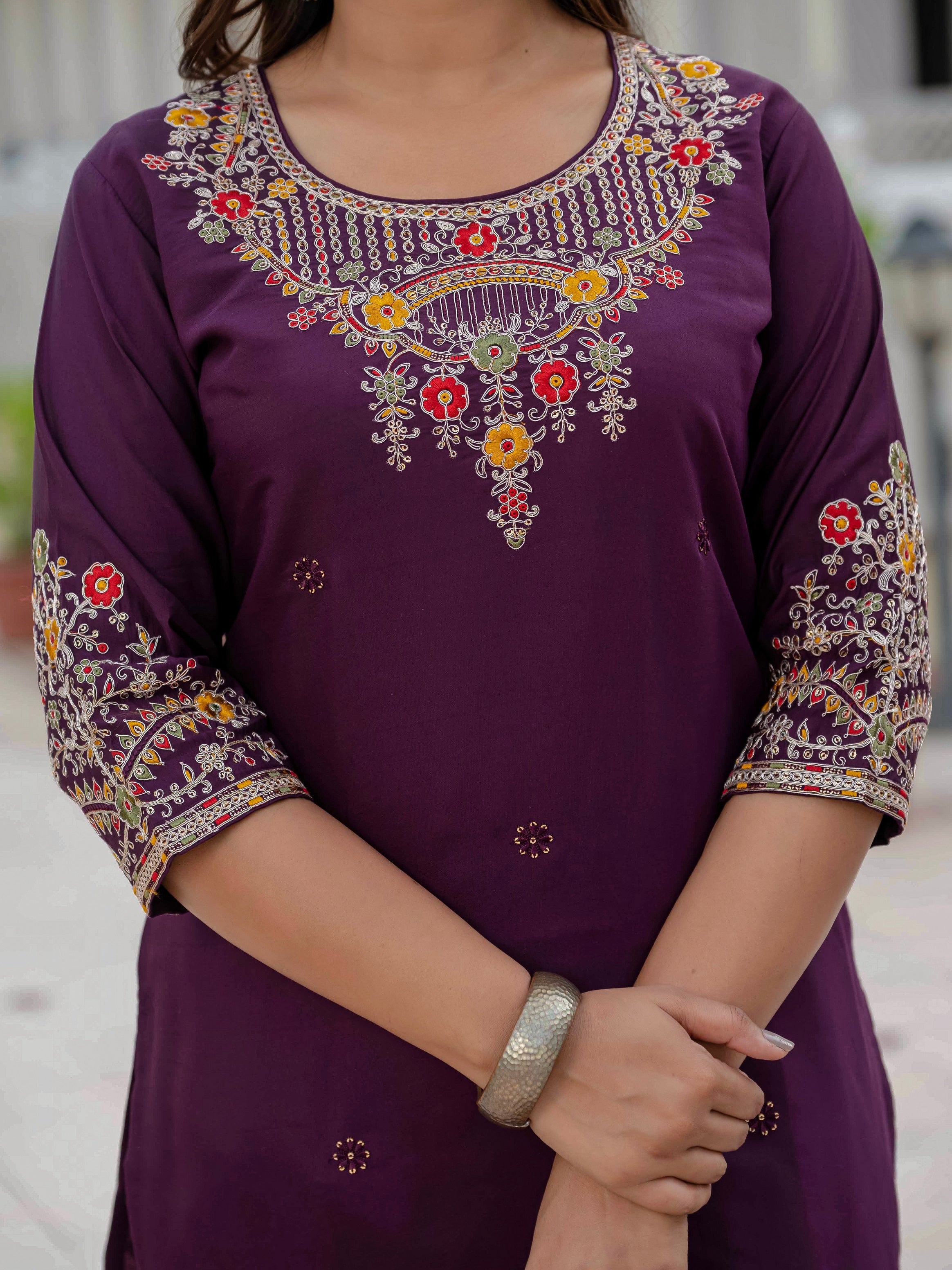 Vedant Vastram Roman Silk Embroidery & Sequence Work Stitched Kurta Pant Dupatta Set-Wine