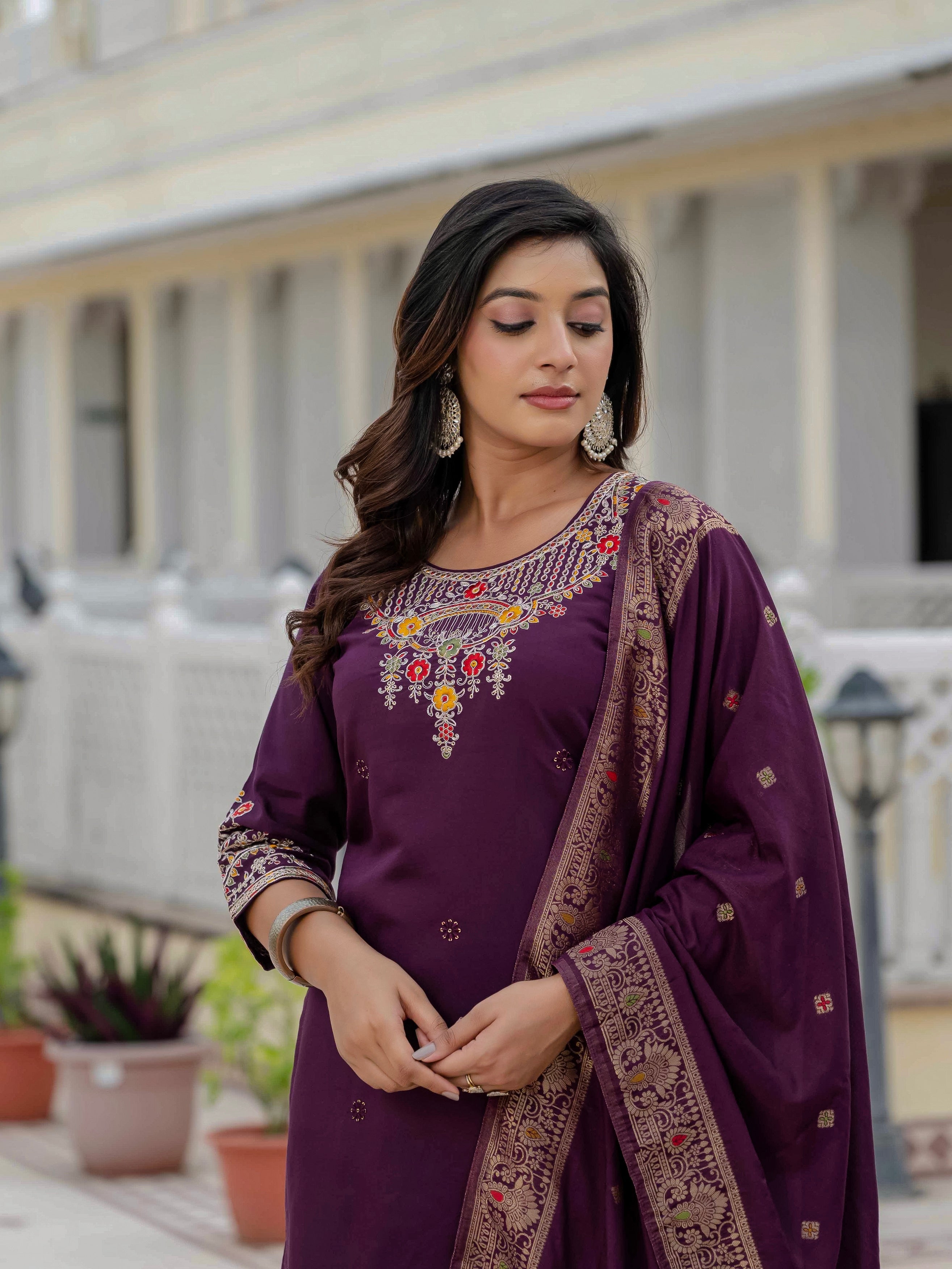 Vedant Vastram Roman Silk Embroidery & Sequence Work Stitched Kurta Pant Dupatta Set-Wine