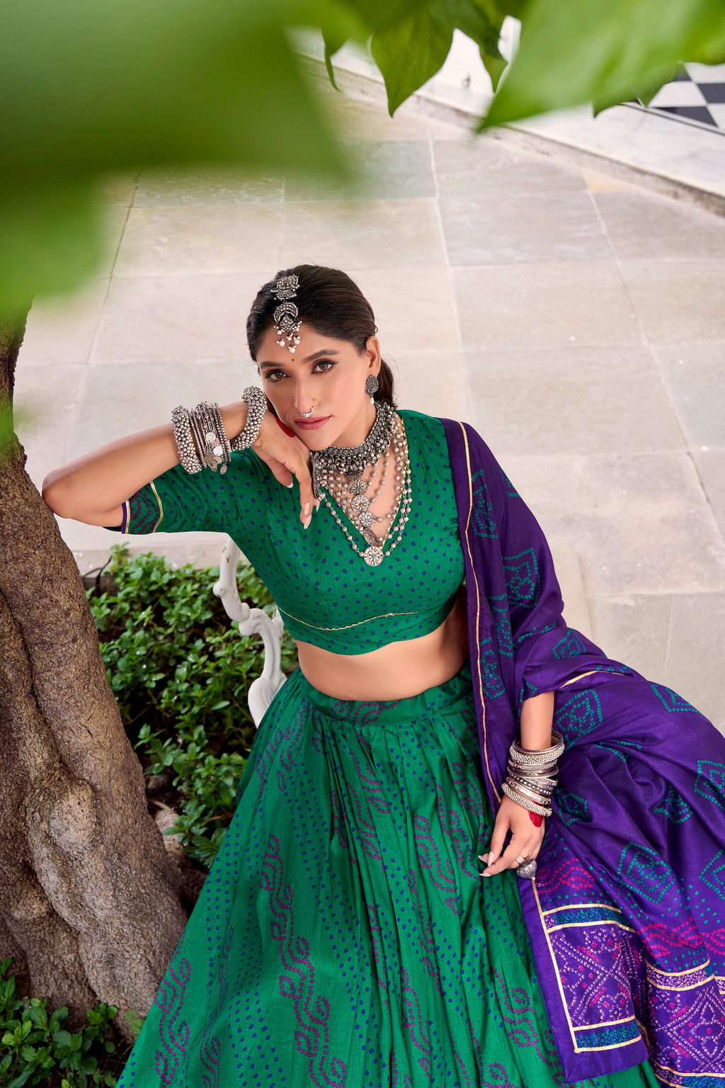 Evanik Green Tassa Silk With Bandhej Print Lehenga Choli