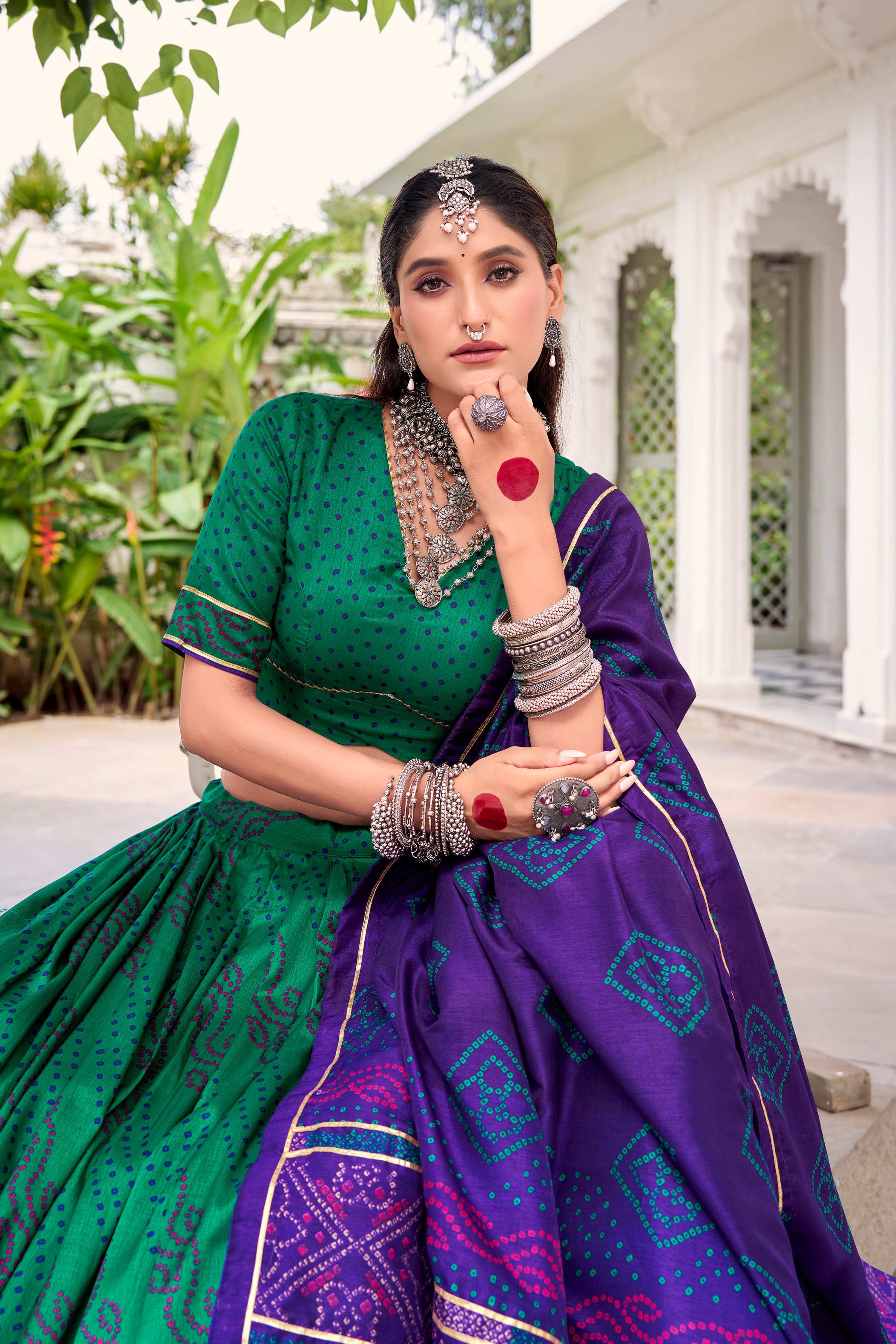 Evanik Green Tassa Silk With Bandhej Print Lehenga Choli