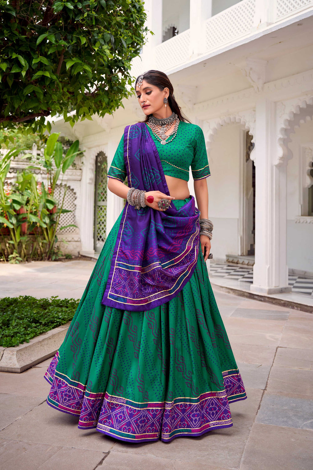 Evanik Green Tassa Silk With Bandhej Print Lehenga Choli