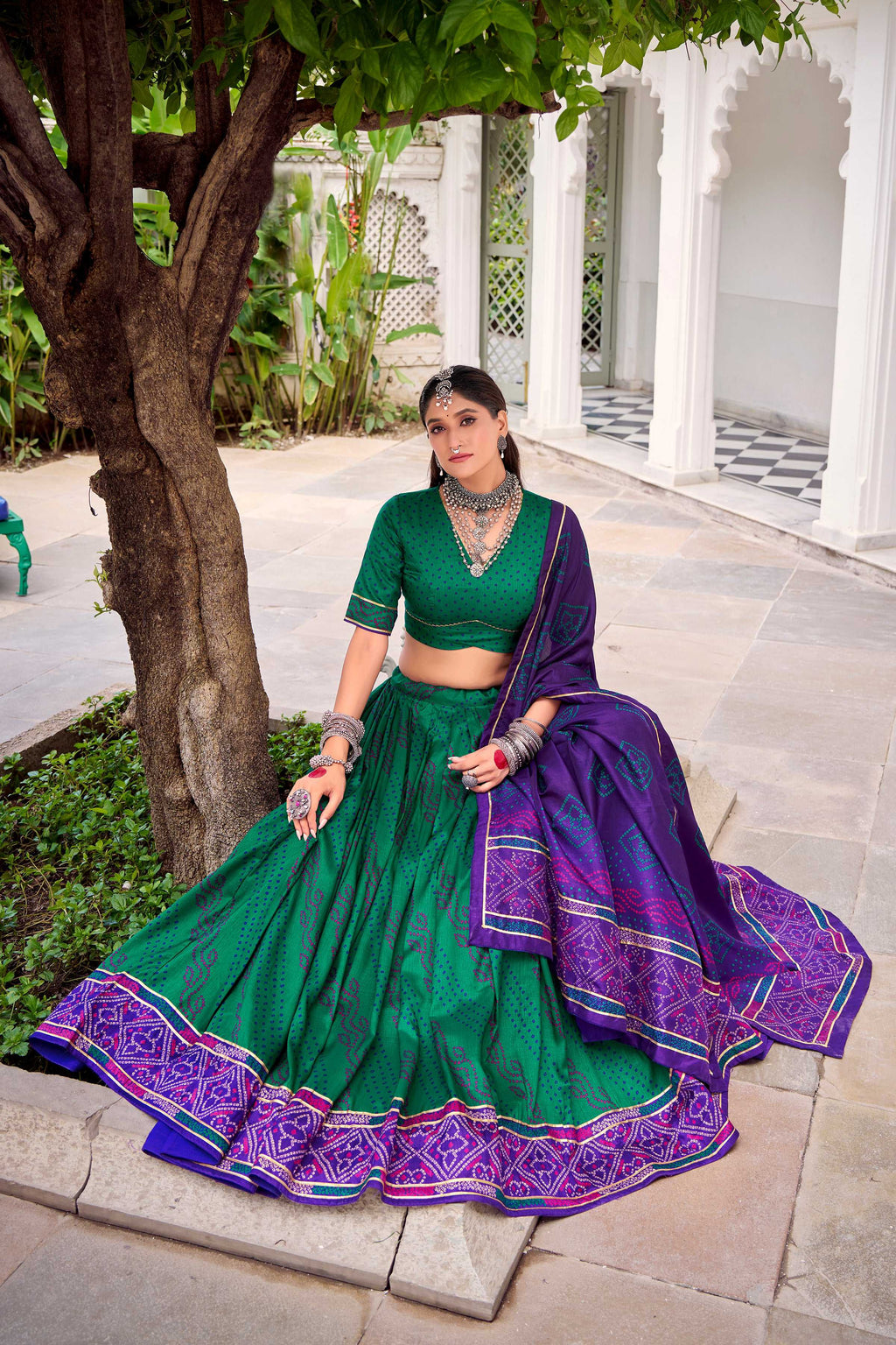 Evanik Green Tassa Silk With Bandhej Print Lehenga Choli