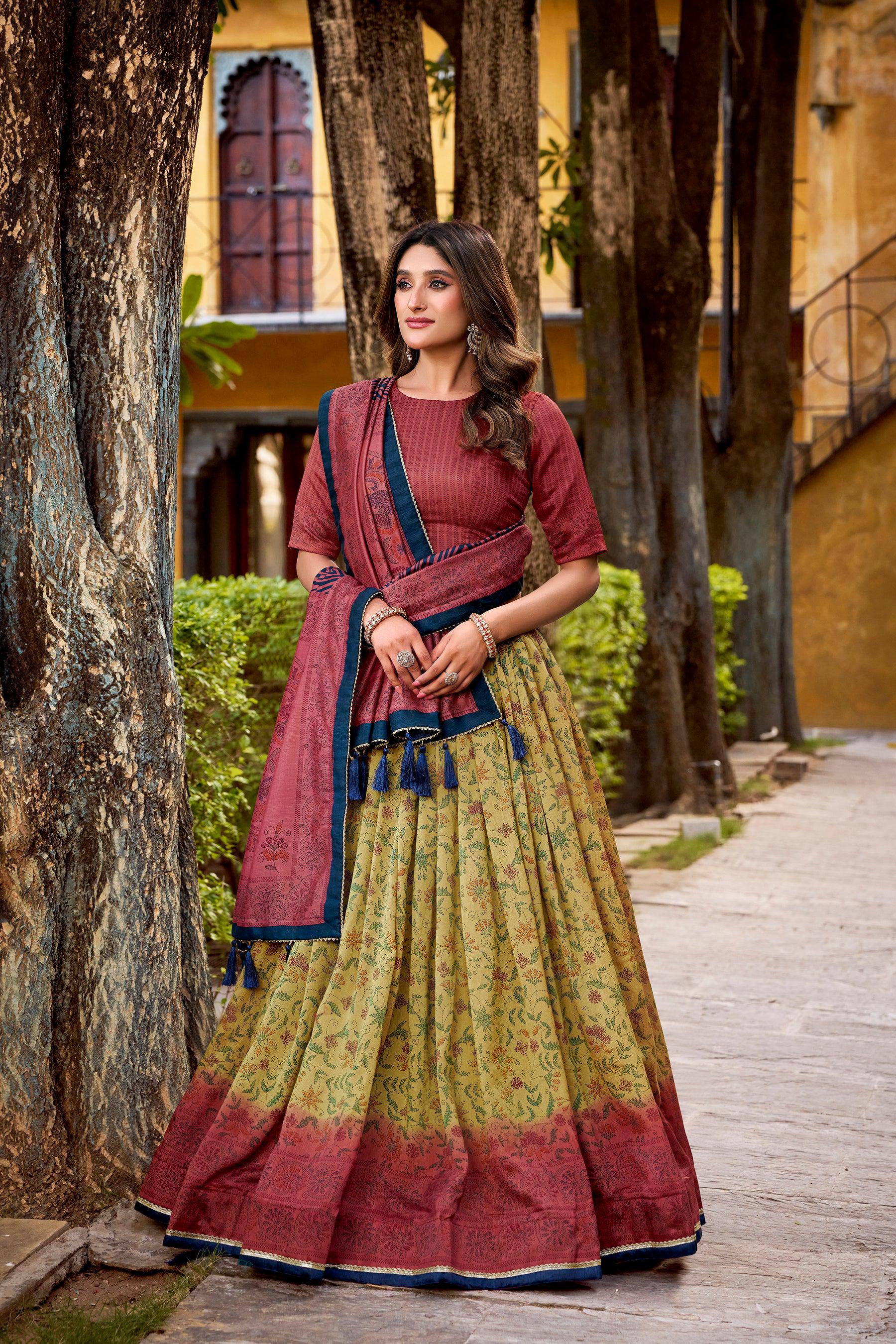Lorenvalley Fashion Multicolor Vichitra Silk Printed Lehenga Choli with Dupatta