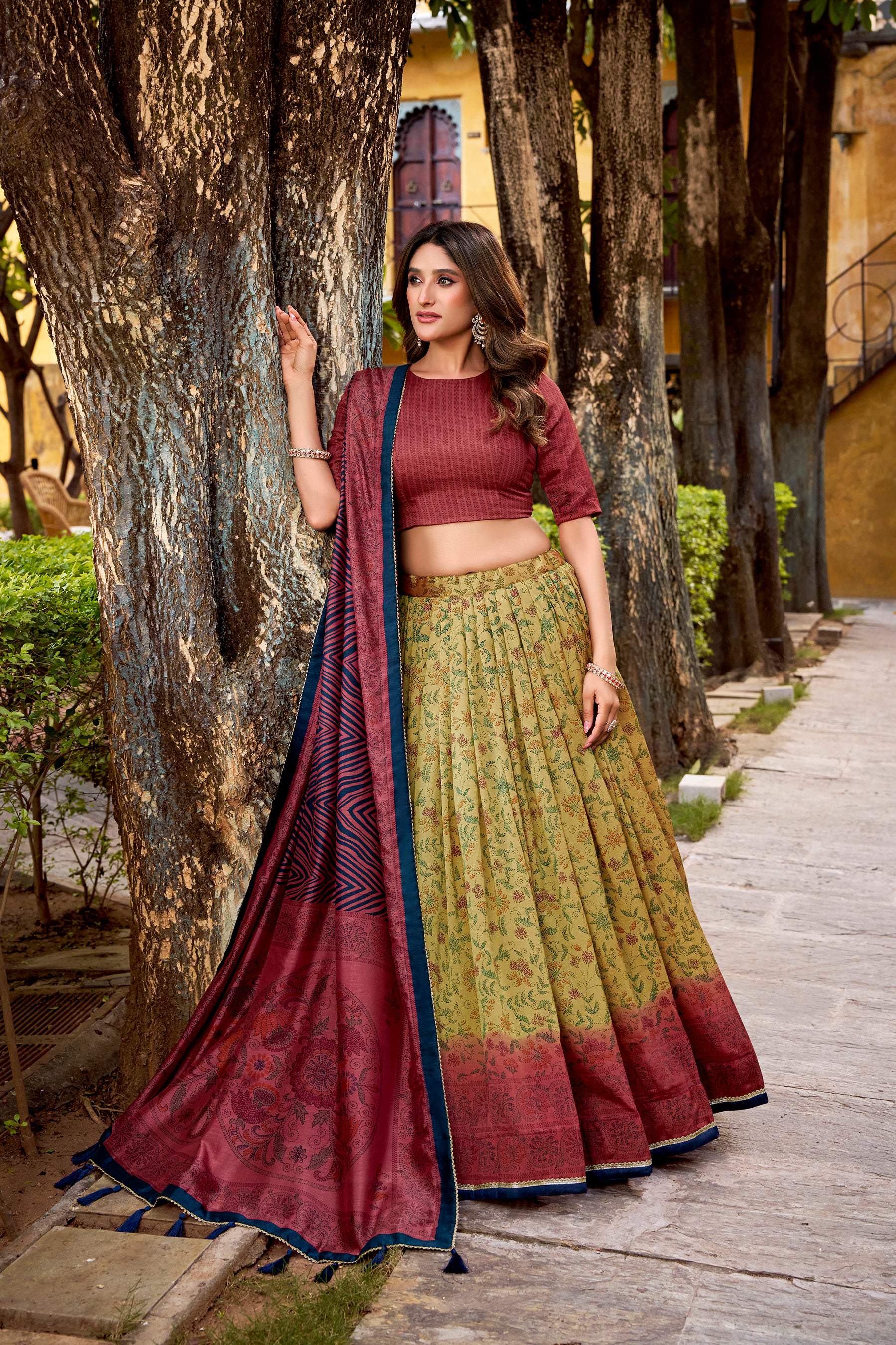 Lorenvalley Fashion Multicolor Vichitra Silk Printed Lehenga Choli with Dupatta