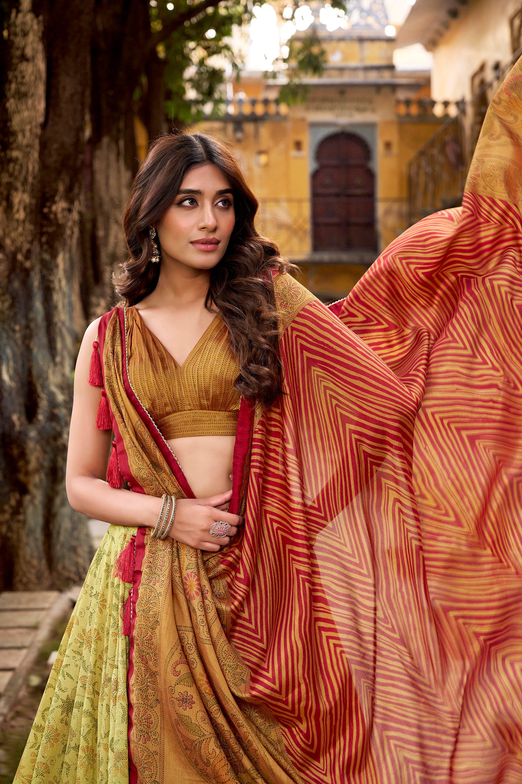 Lorenvalley Fashion Multicolor Vichitra Silk Printed Lehenga Choli with Dupatta