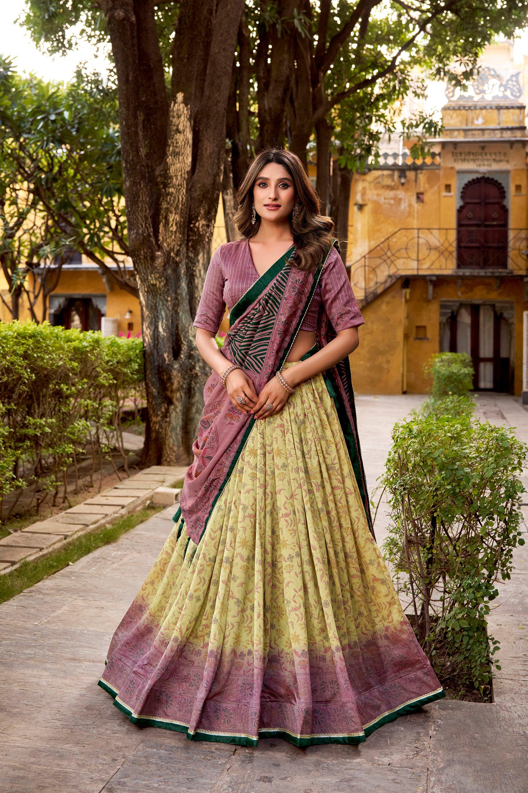 Lorenvalley Fashion Multicolor Vichitra Silk Printed Lehenga Choli with Dupatta