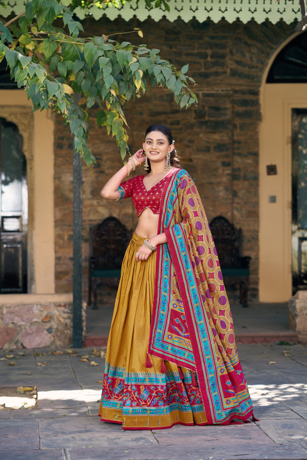 Lorenvalley Fashion Mustard Tasar Silkprinted With Iconic Sparkle Lehenga Choli With Dupatta
