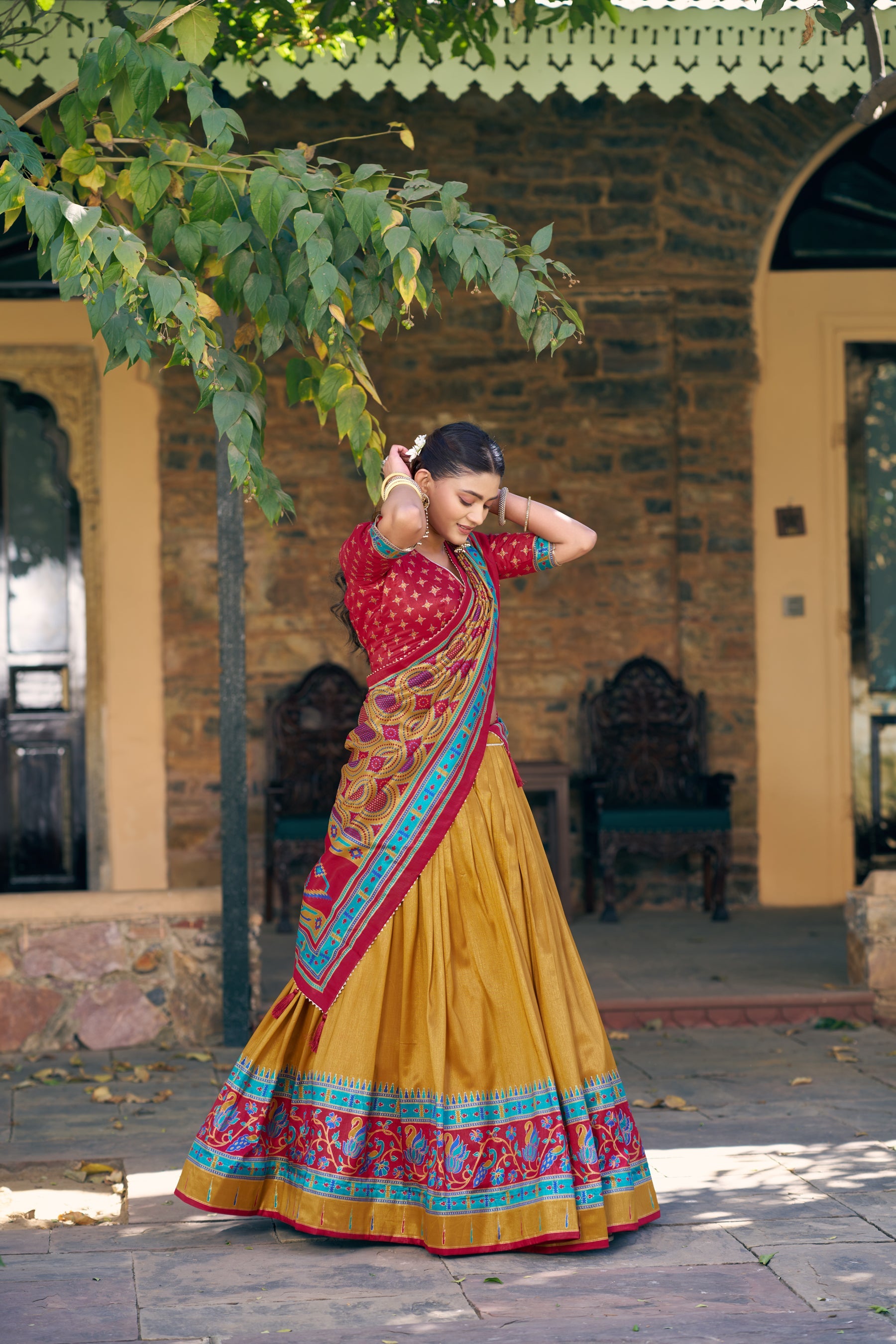 Lorenvalley Fashion Mustard Tasar Silkprinted With Iconic Sparkle Lehenga Choli With Dupatta