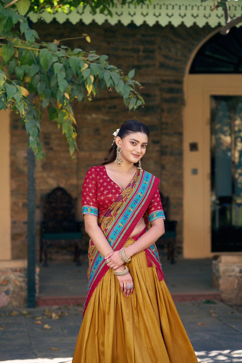 Lorenvalley Fashion Mustard Tasar Silkprinted With Iconic Sparkle Lehenga Choli With Dupatta