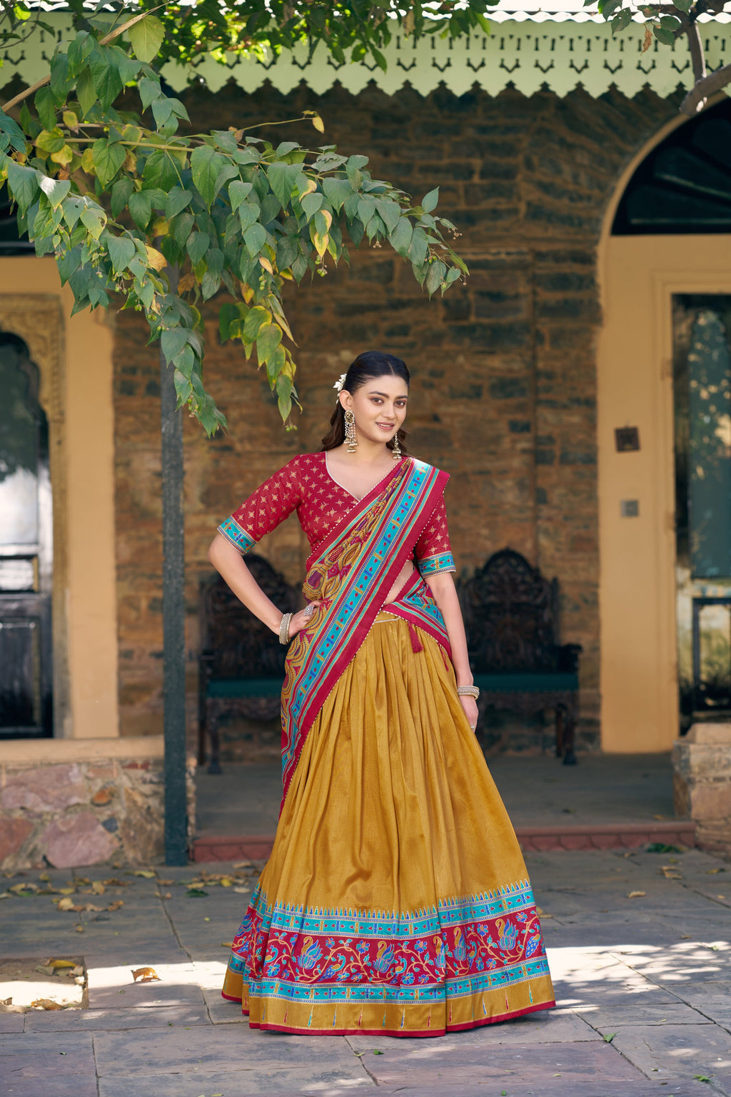 Lorenvalley Fashion Mustard Tasar Silkprinted With Iconic Sparkle Lehenga Choli With Dupatta