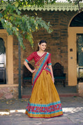 Lorenvalley Fashion Mustard Tasar Silkprinted With Iconic Sparkle Lehenga Choli With Dupatta