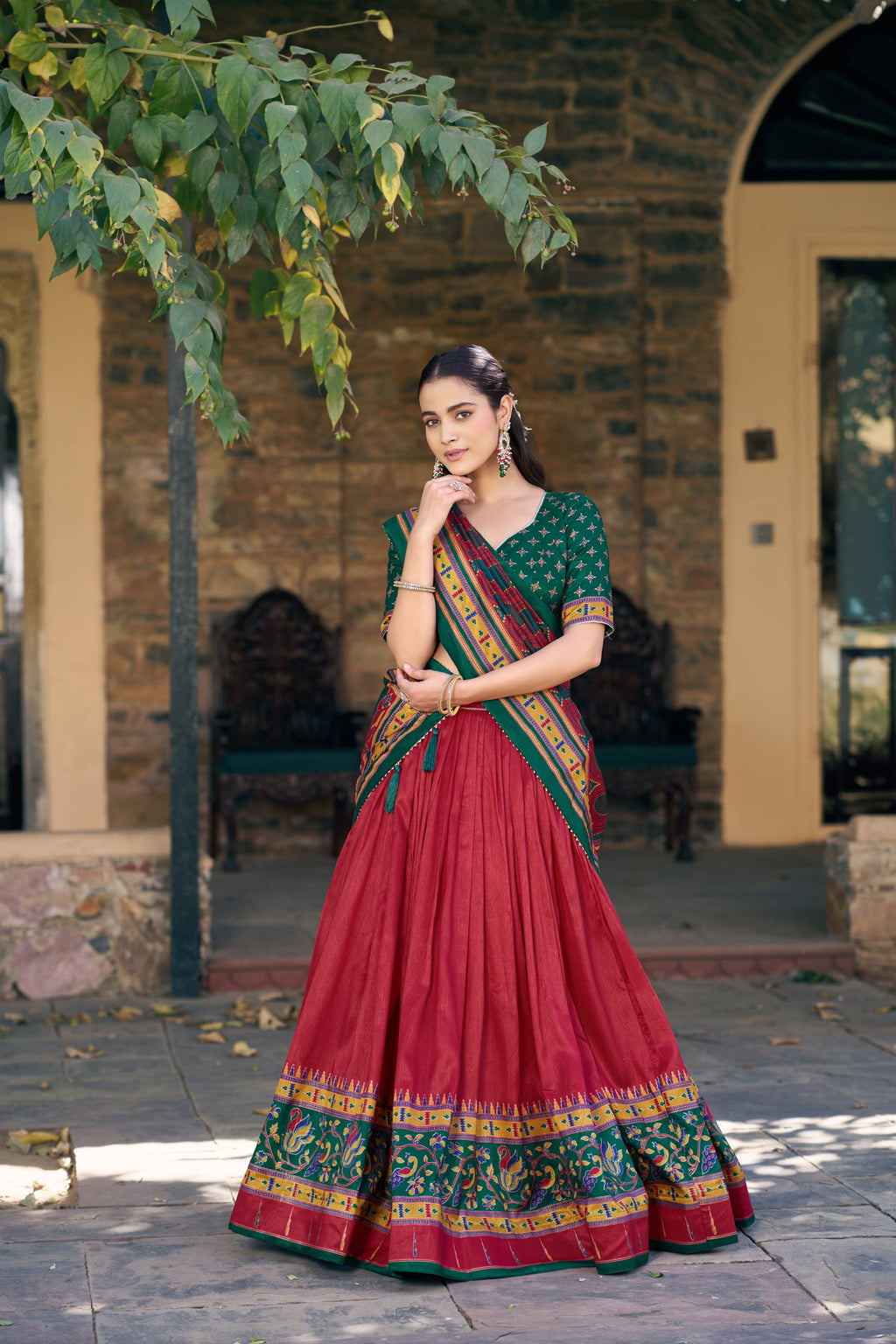Lorenvalley Fashion Red Tasar Silkprinted With Iconic Sparkle Lehenga Choli With Dupatta