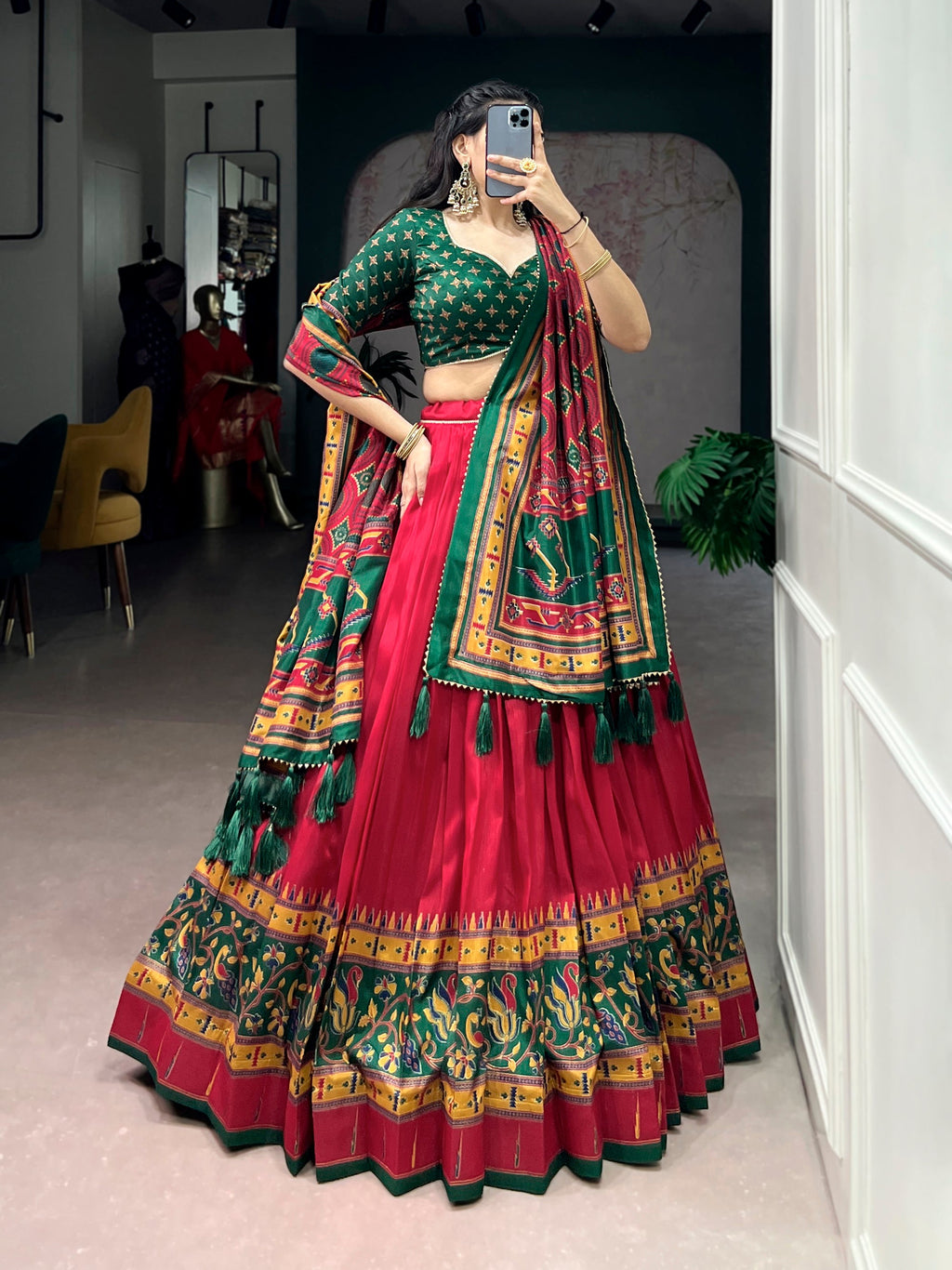 Lorenvalley Fashion Red Tasar SilkPrinted with Iconic Sparkle Lehenga Choli with Dupatta