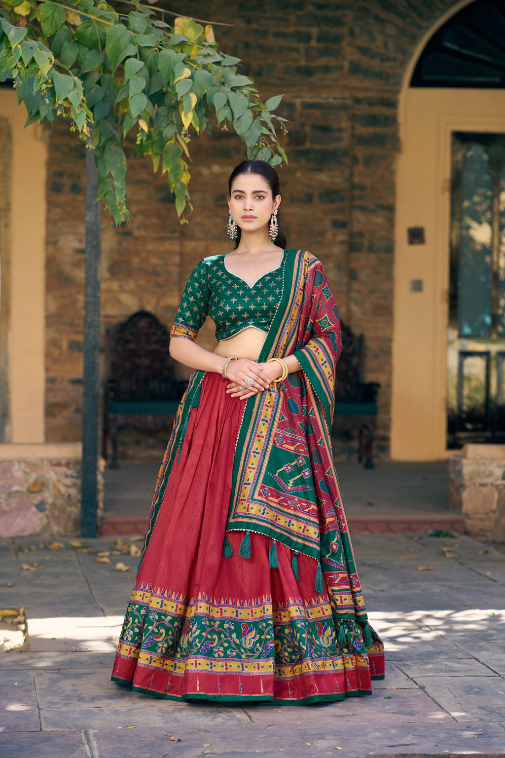 Lorenvalley Fashion Red Tasar Silkprinted With Iconic Sparkle Lehenga Choli With Dupatta