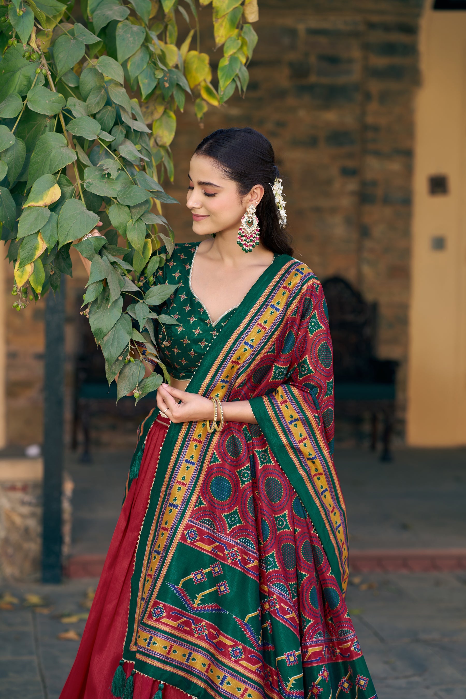 Lorenvalley Fashion Red Tasar Silkprinted With Iconic Sparkle Lehenga Choli With Dupatta