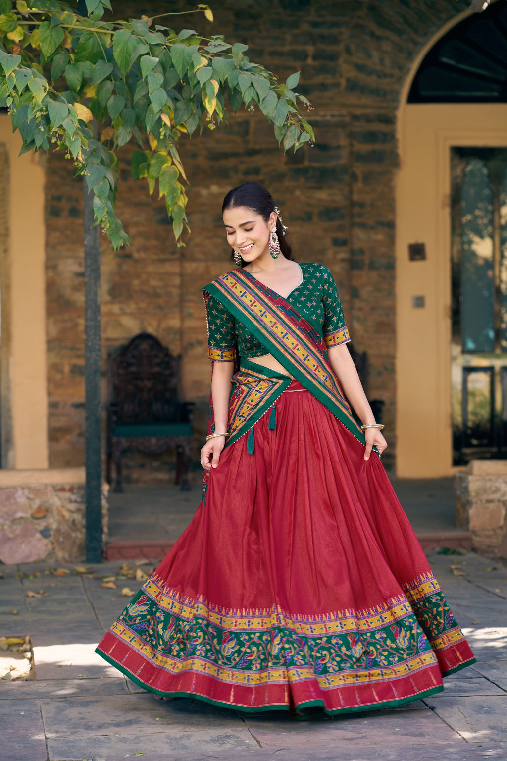 Lorenvalley Fashion Red Tasar Silkprinted With Iconic Sparkle Lehenga Choli With Dupatta