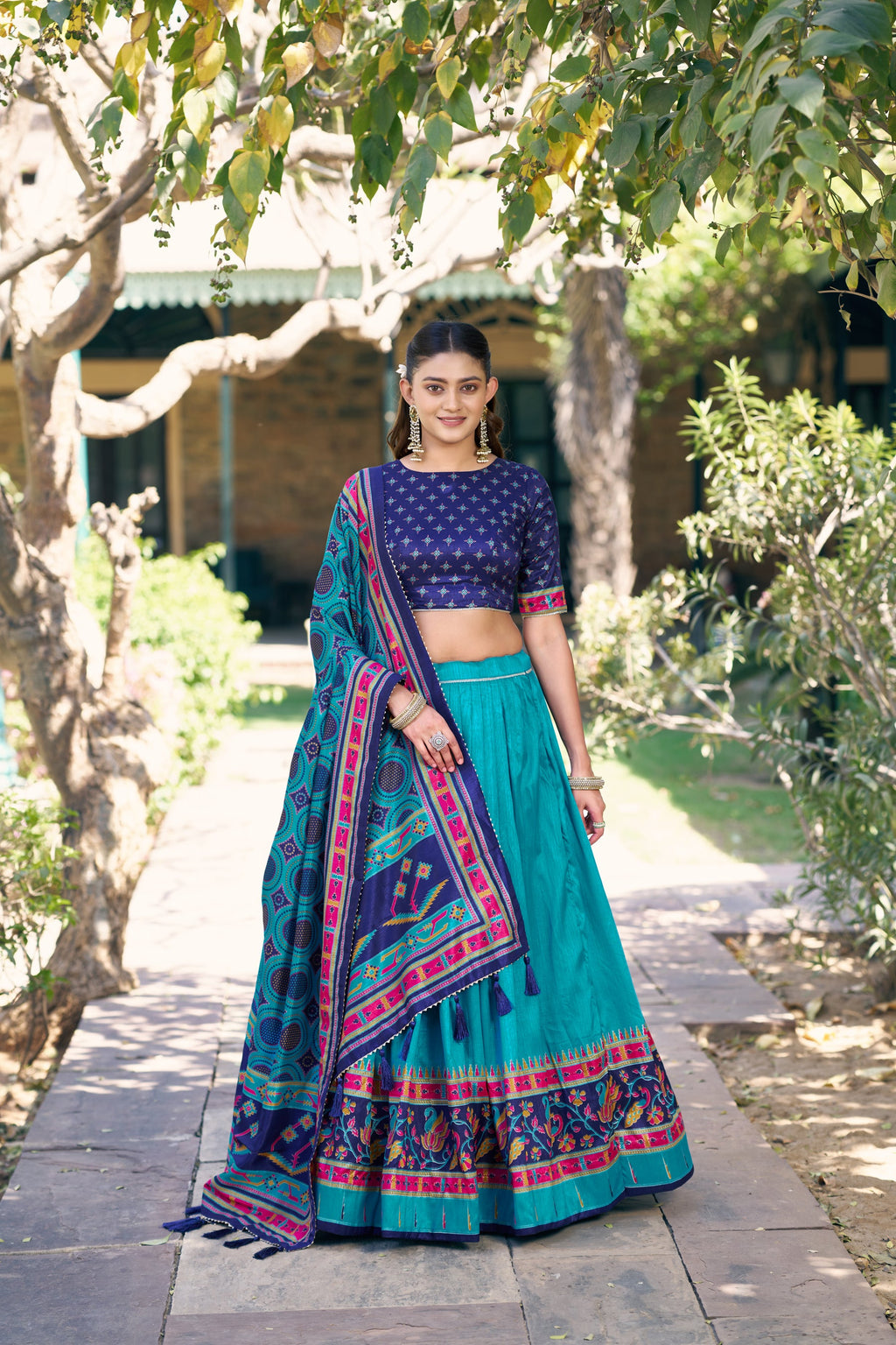 Lorenvalley Fashion Skyblue Tasar Silkprinted With Iconic Sparkle Lehenga Choli With Dupatta