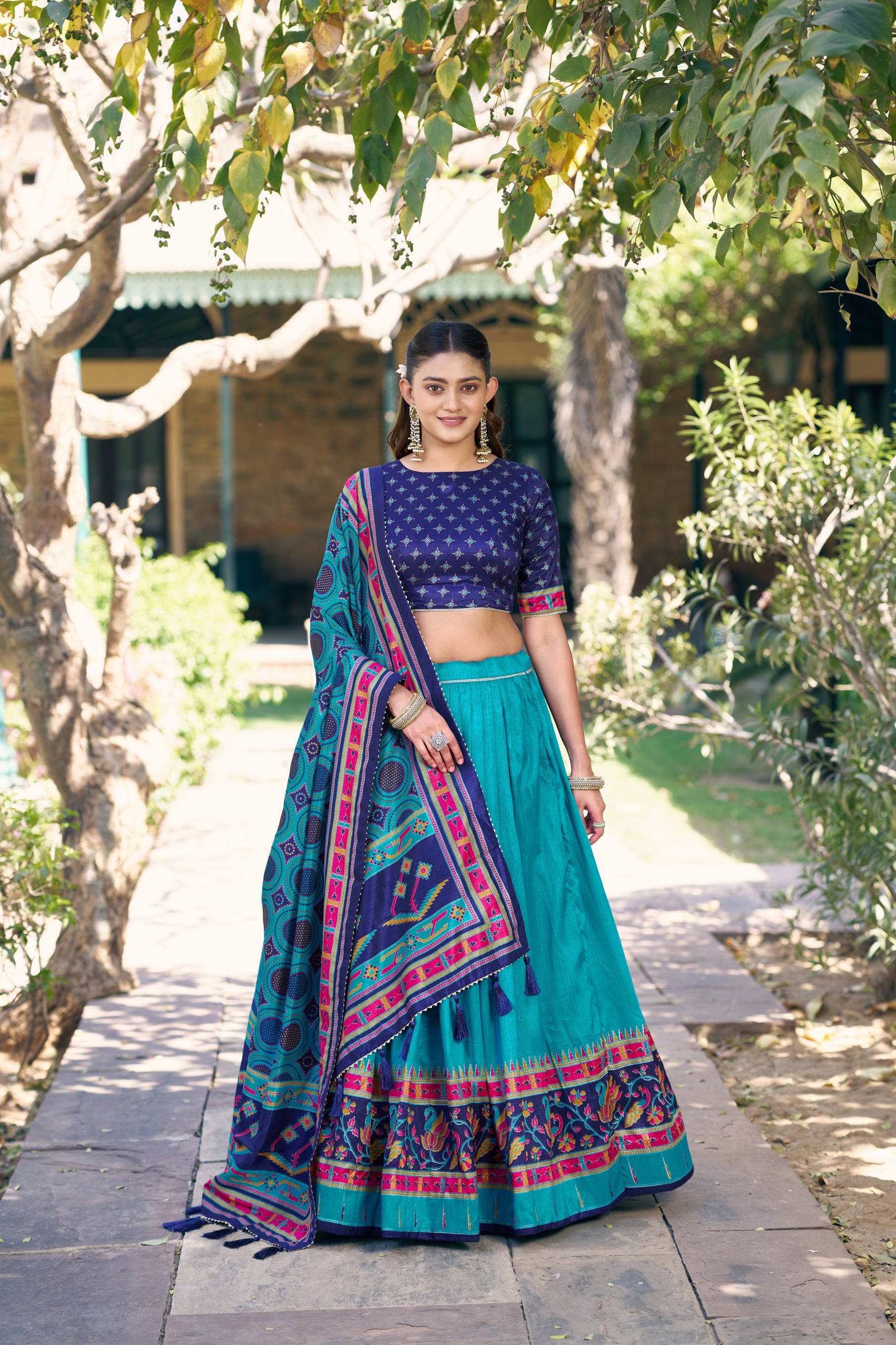 Lorenvalley Fashion Skyblue Tasar Silkprinted With Iconic Sparkle Lehenga Choli With Dupatta