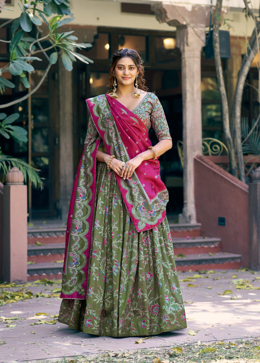 Lorenvalley Fashion Green Tasar Silk Gilded Motif Foil Printed Lehenga Choli with Dupatta