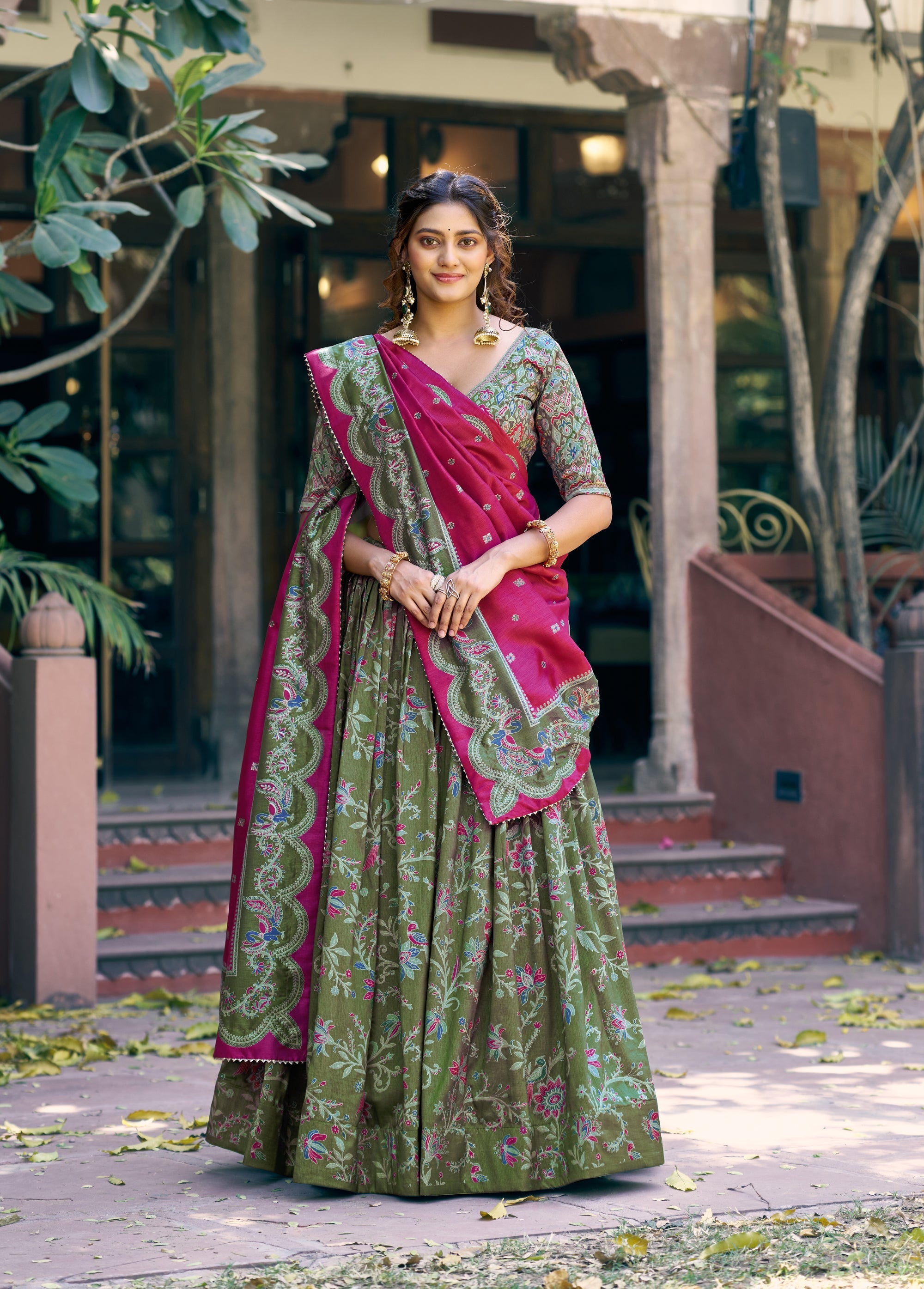 Lorenvalley Fashion Green Tasar Silk Gilded Motif Foil Printed Lehenga Choli with Dupatta