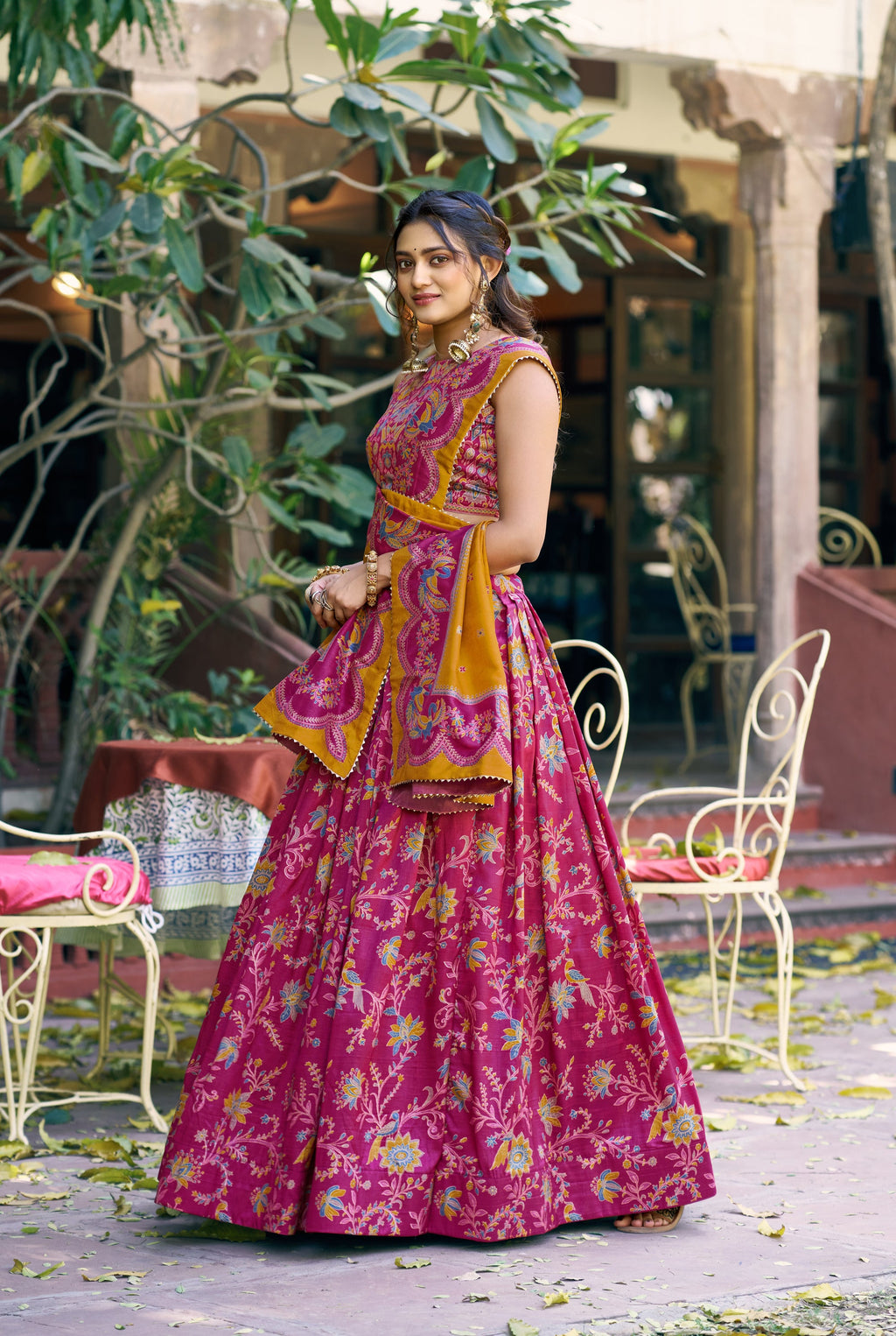 Lorenvalley Fashion Pink Tasar Silk Gilded Motif Foil Printed Lehenga Choli with Dupatta