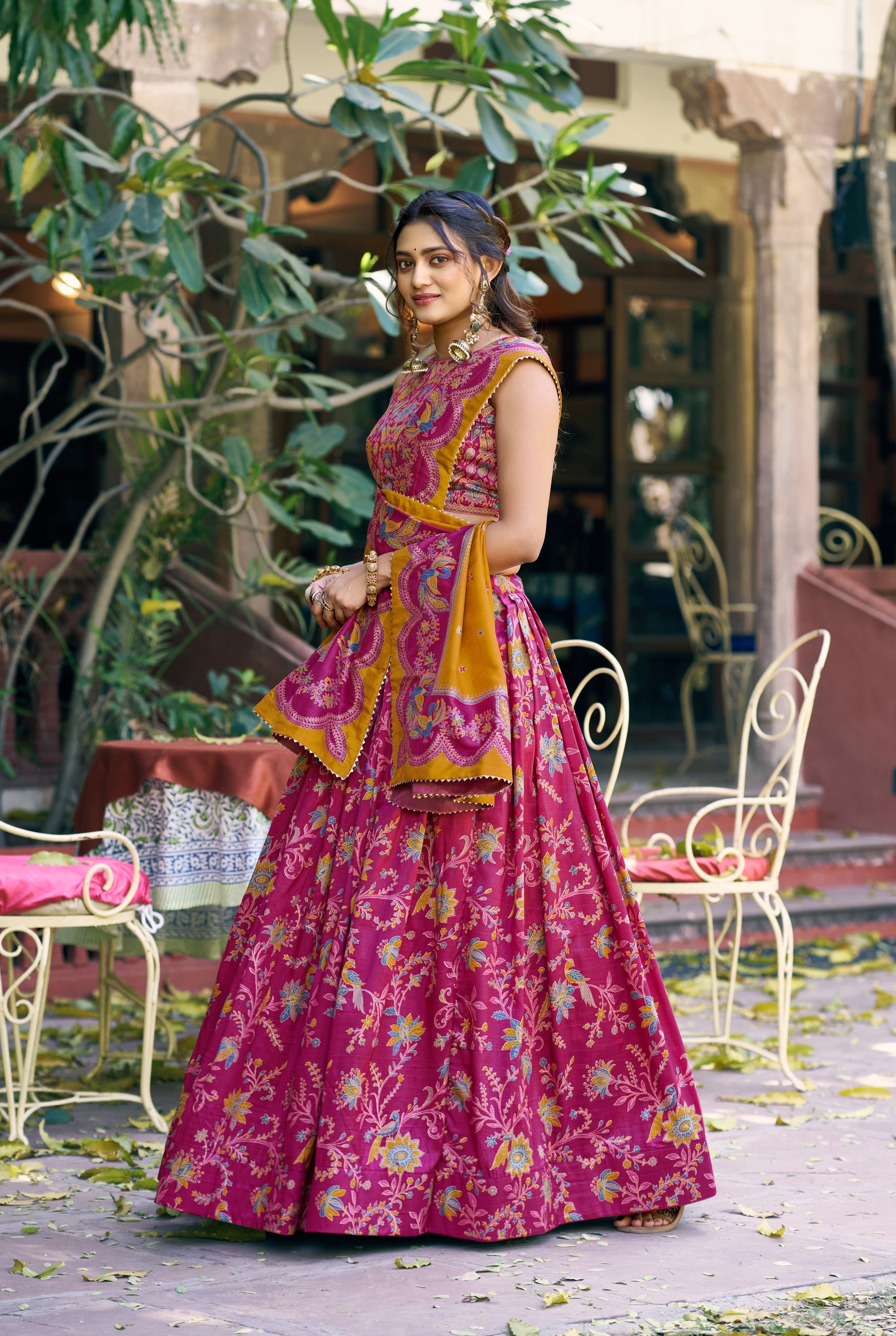 Lorenvalley Fashion Pink Tasar Silk Gilded Motif Foil Printed Lehenga Choli with Dupatta