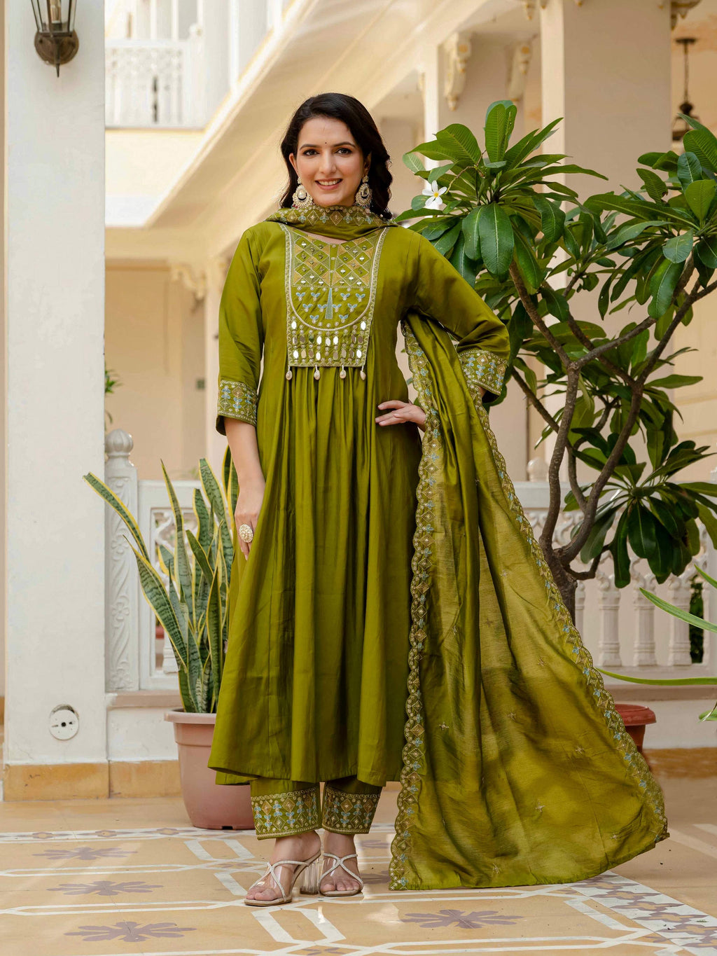 Vedant Vastram Roman Silk Hand Work & Embroidery Work Stitched Kurta Pant Dupatta Set-Mahendi