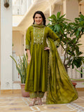 Vedant Vastram Roman Silk Hand Work & Embroidery Work Stitched Kurta Pant Dupatta Set-Mahendi