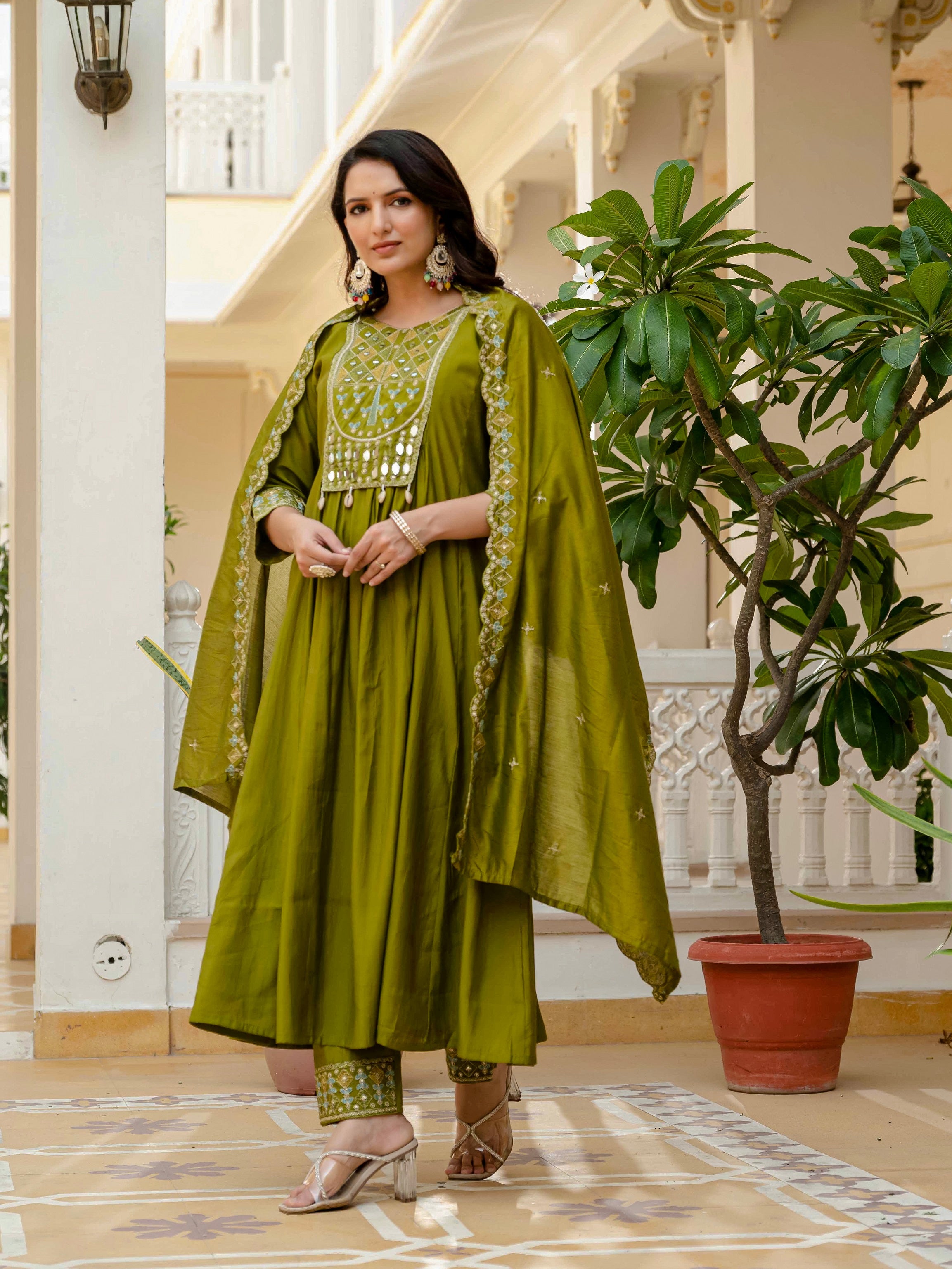 Vedant Vastram Roman Silk Hand Work & Embroidery Work Stitched Kurta Pant Dupatta Set-Mahendi