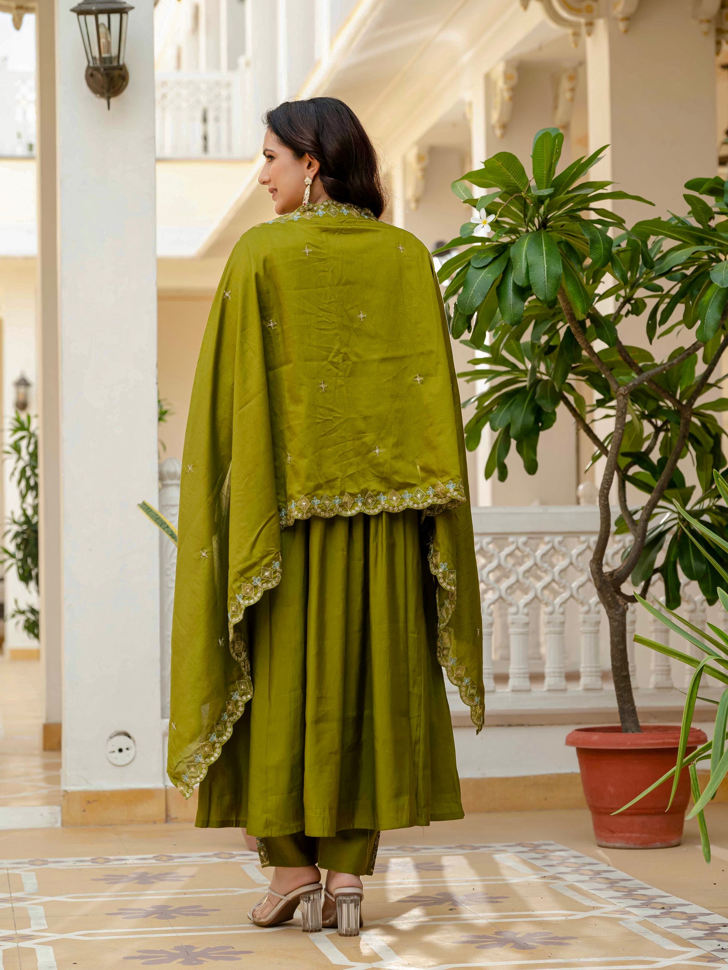 Vedant Vastram Roman Silk Hand Work & Embroidery Work Stitched Kurta Pant Dupatta Set-Mahendi