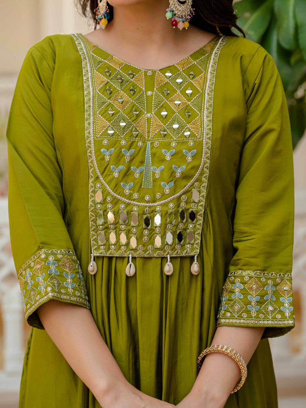 Vedant Vastram Roman Silk Hand Work & Embroidery Work Stitched Kurta Pant Dupatta Set-Mahendi