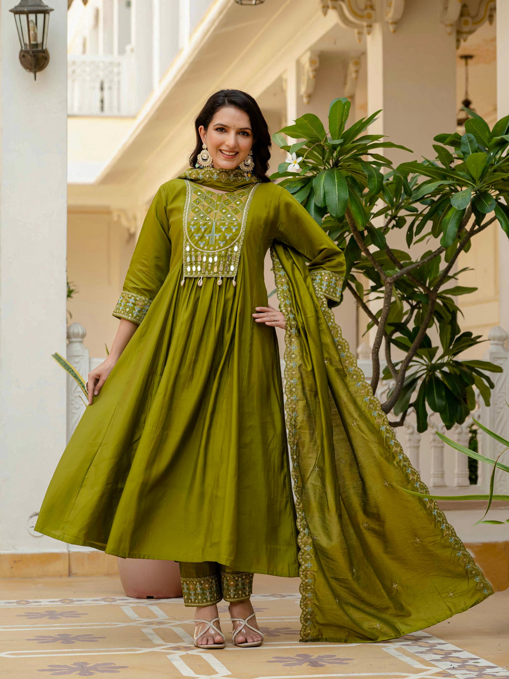 Vedant Vastram Roman Silk Hand Work & Embroidery Work Stitched Kurta Pant Dupatta Set-Mahendi