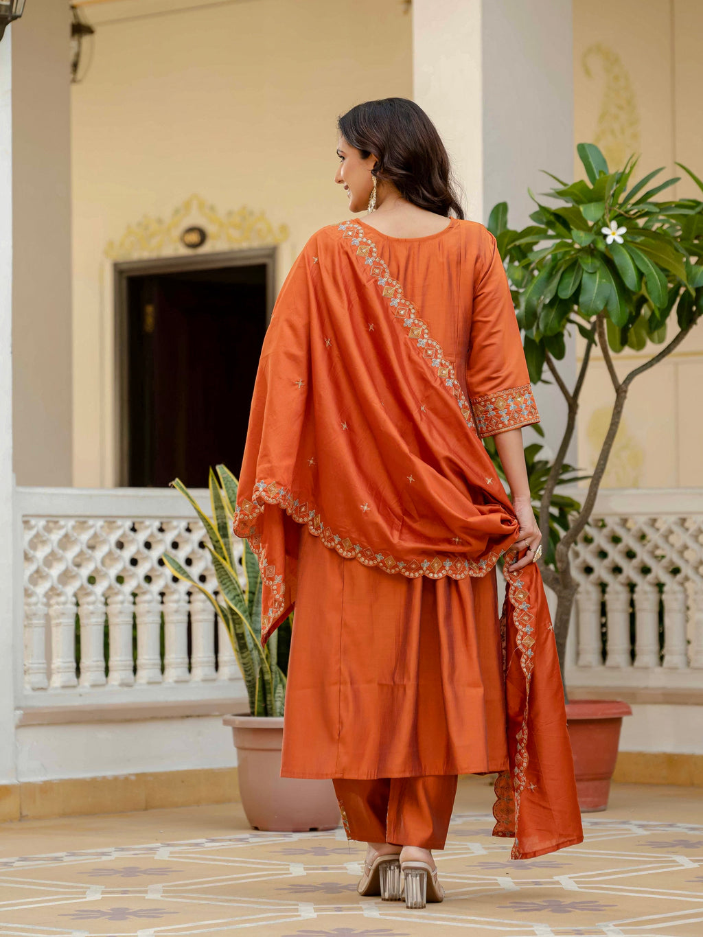 Vedant Vastram Roman Silk Hand Work & Embroidery Work Stitched Kurta Pant Dupatta Set-Orange