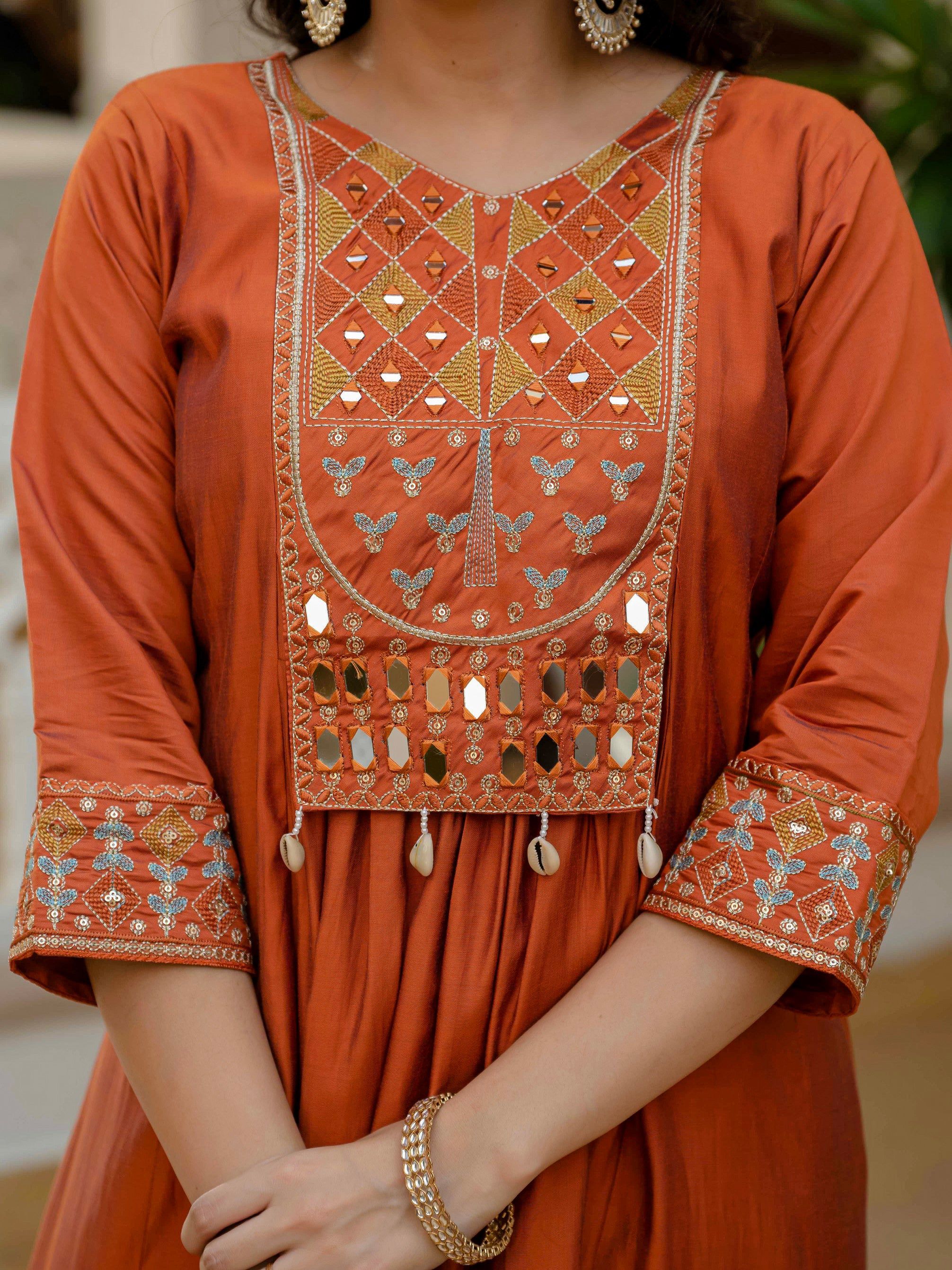Vedant Vastram Roman Silk Hand Work & Embroidery Work Stitched Kurta Pant Dupatta Set-Orange