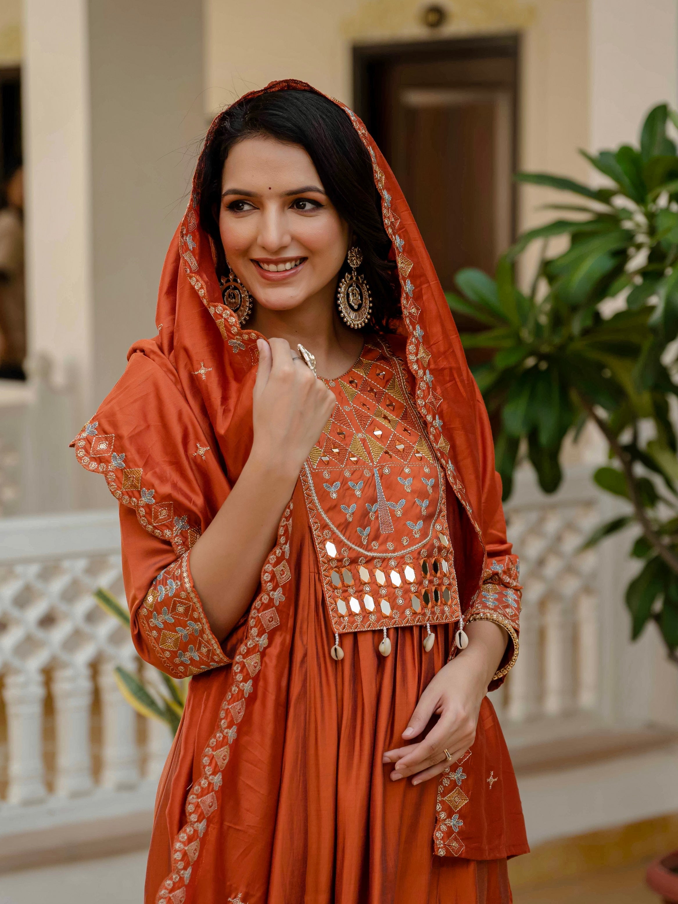 Vedant Vastram Roman Silk Hand Work & Embroidery Work Stitched Kurta Pant Dupatta Set-Orange