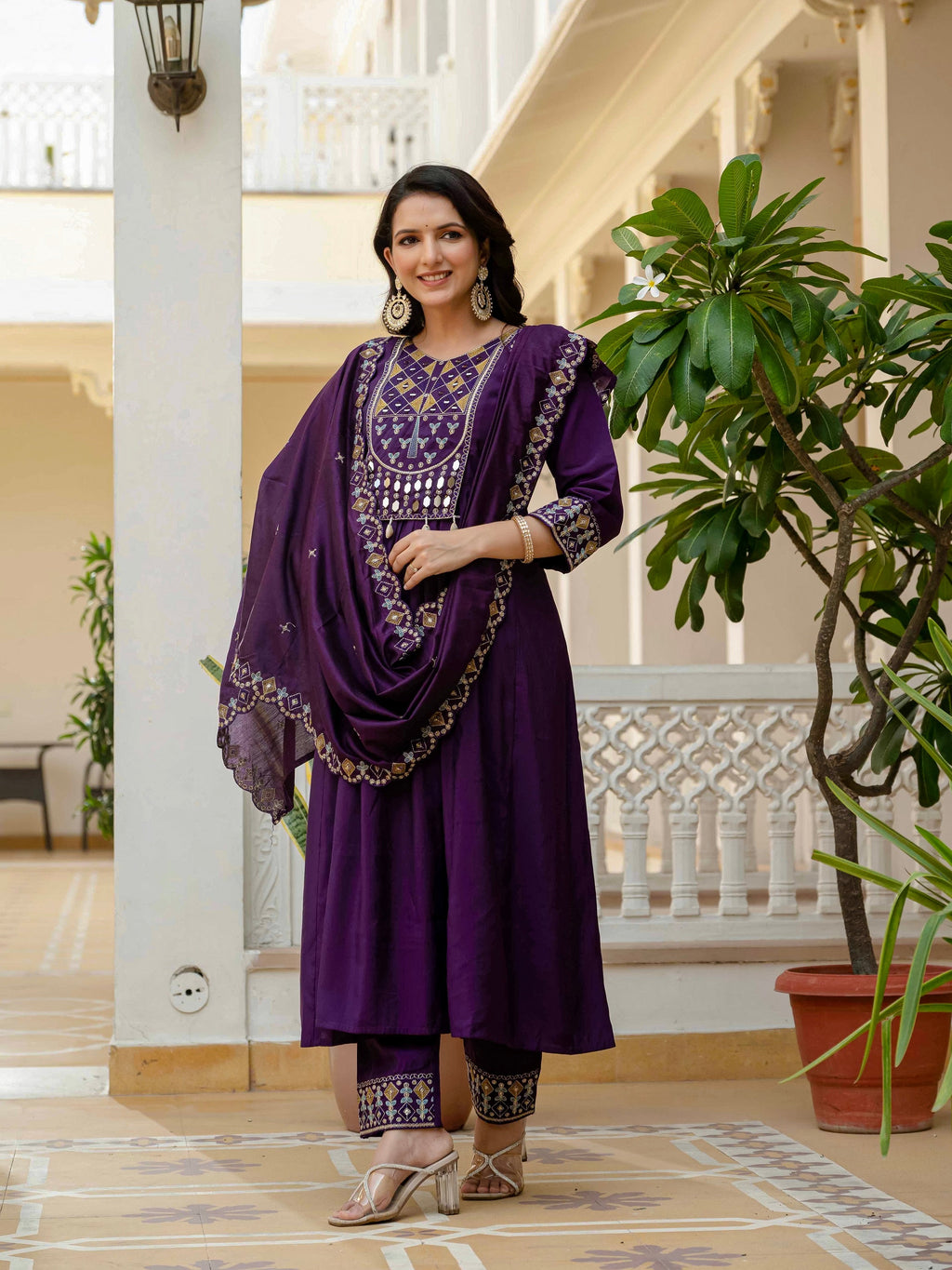 Vedant Vastram Roman Silk Hand Work & Embroidery Work Stitched Kurta Pant Dupatta Set-Purple