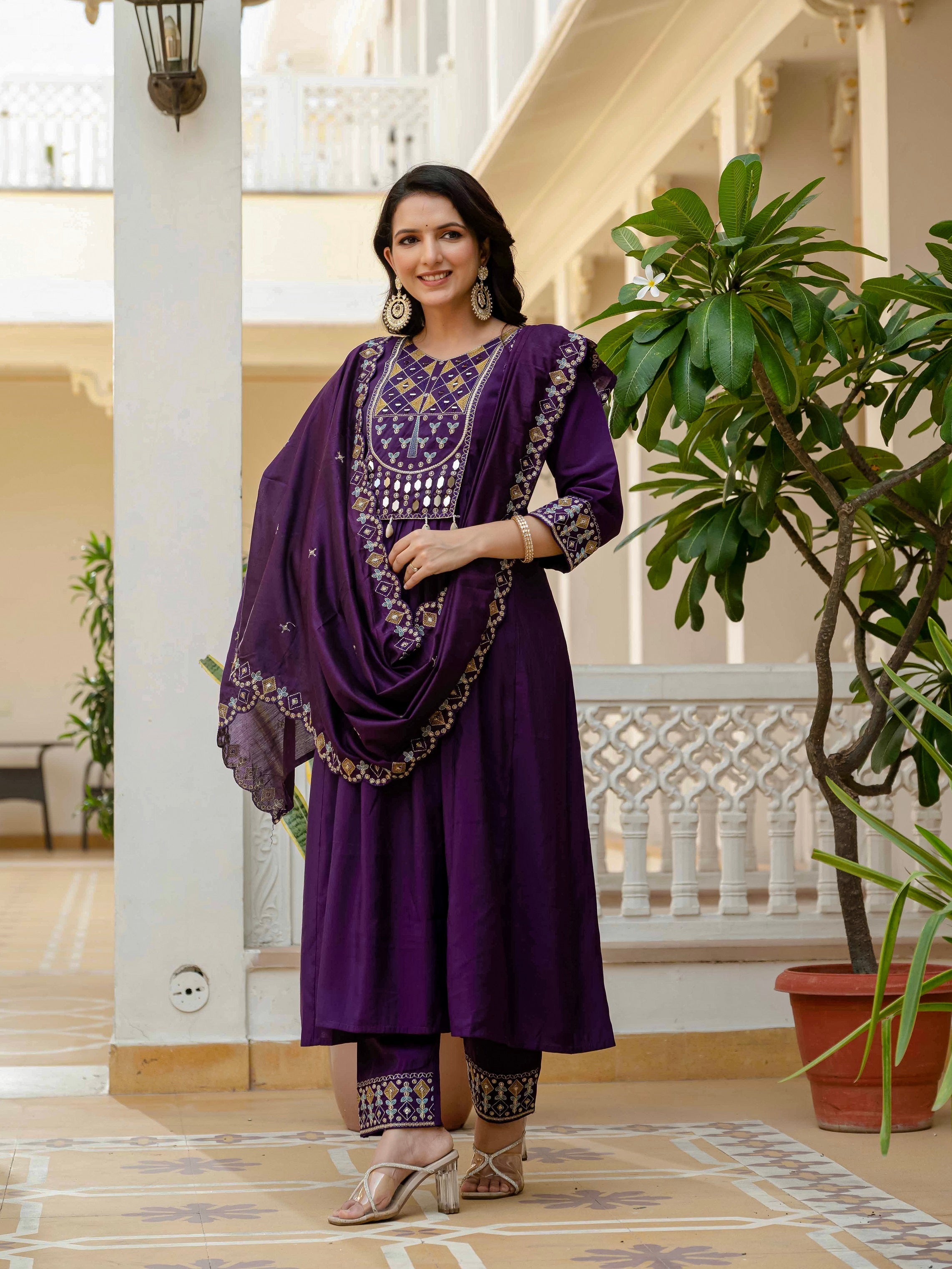 Vedant Vastram Roman Silk Hand Work & Embroidery Work Stitched Kurta Pant Dupatta Set-Purple