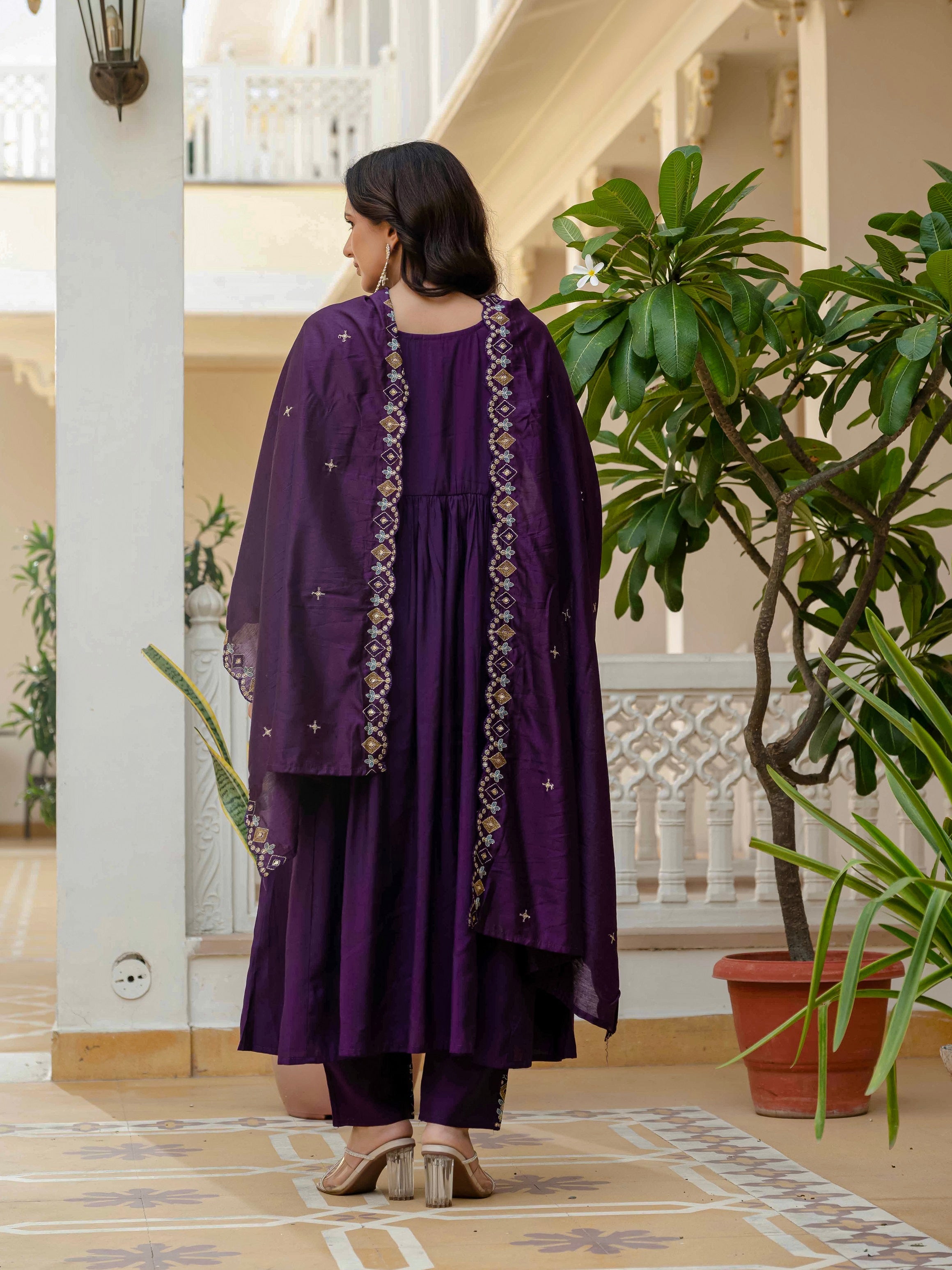 Vedant Vastram Roman Silk Hand Work & Embroidery Work Stitched Kurta Pant Dupatta Set-Purple