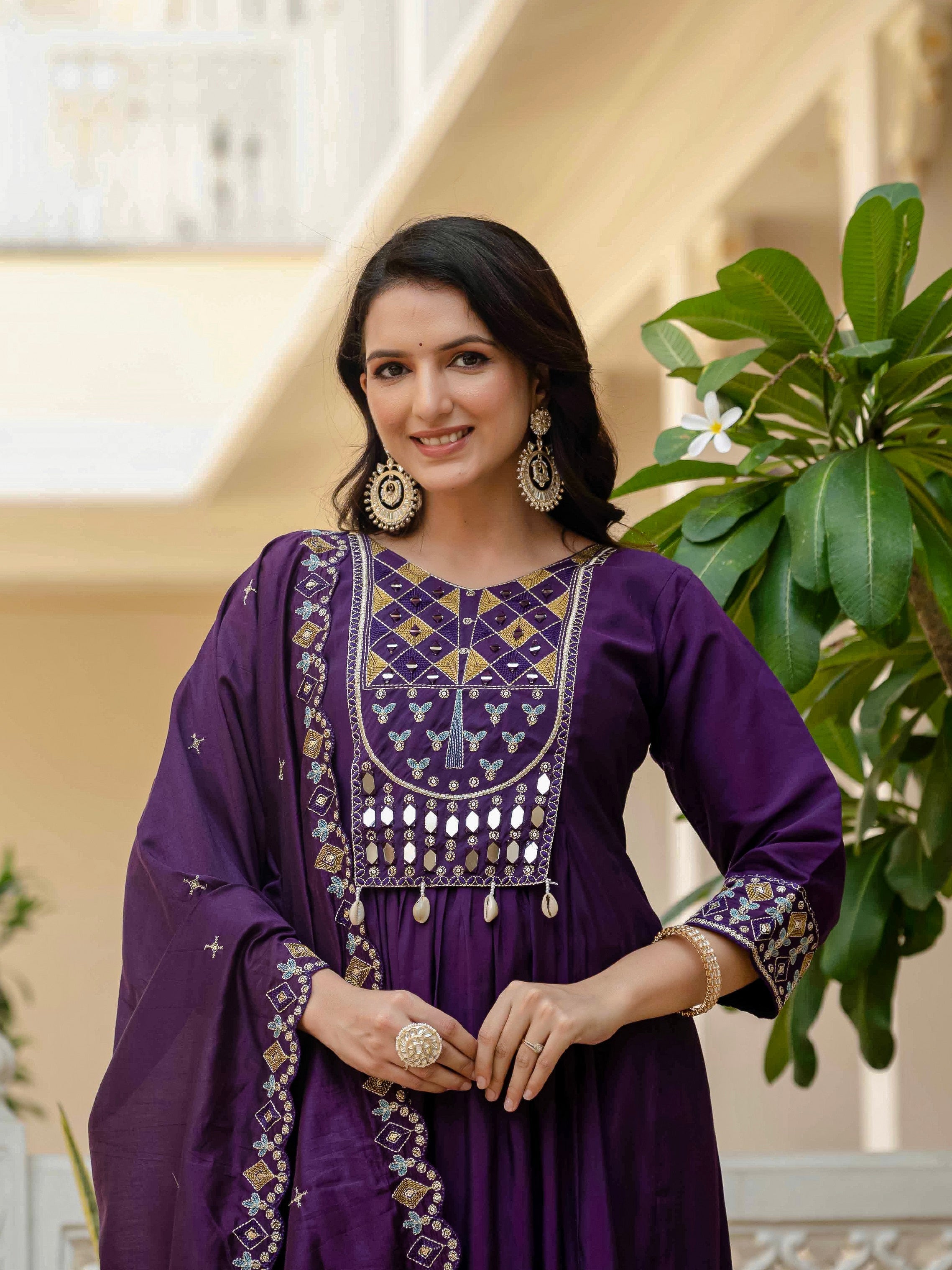 Vedant Vastram Roman Silk Hand Work & Embroidery Work Stitched Kurta Pant Dupatta Set-Purple