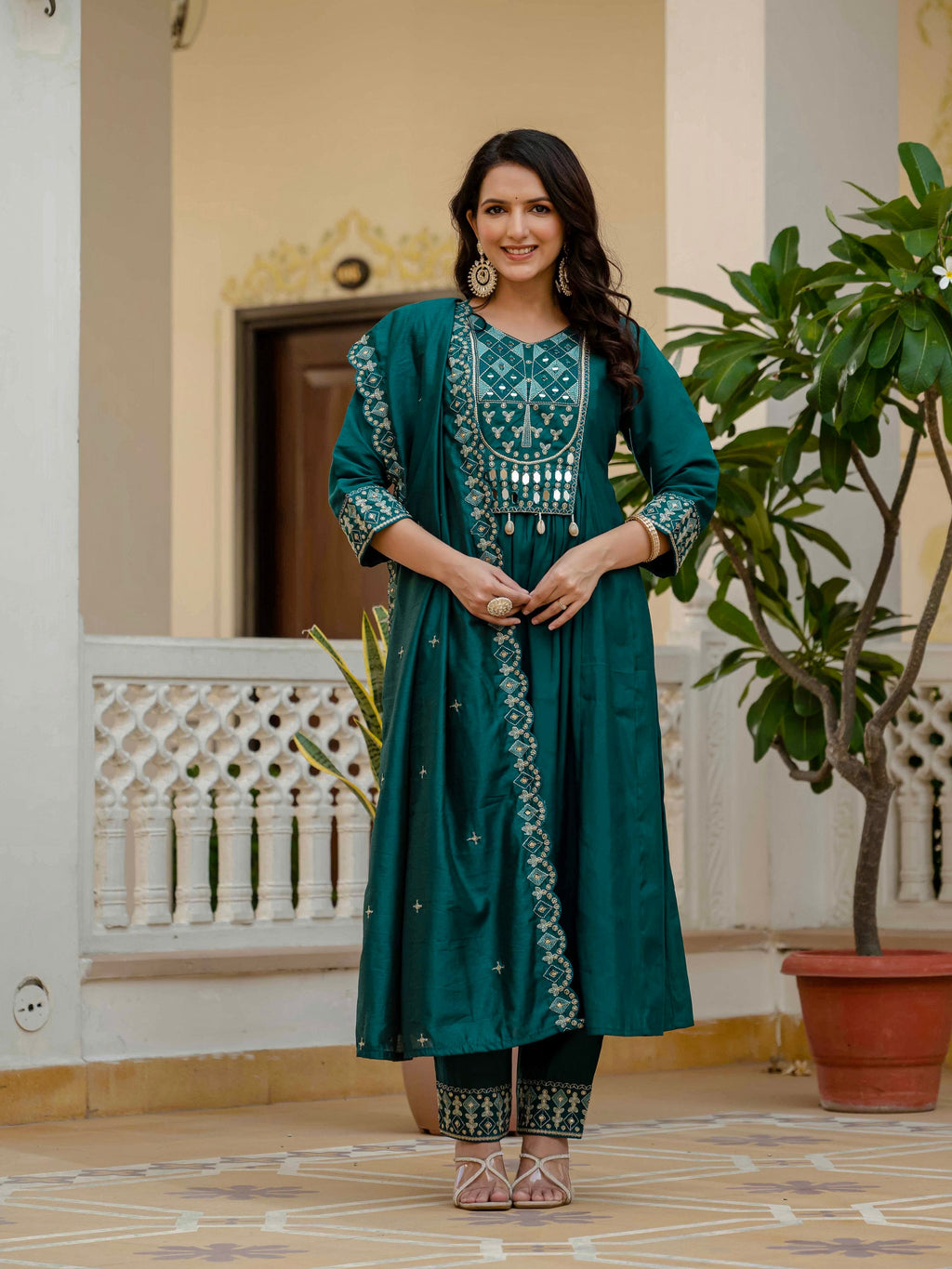 Vedant Vastram Roman Silk Hand Work & Embroidery Work Stitched Kurta Pant Dupatta Set-Rama