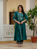 Vedant Vastram Roman Silk Hand Work & Embroidery Work Stitched Kurta Pant Dupatta Set-Rama
