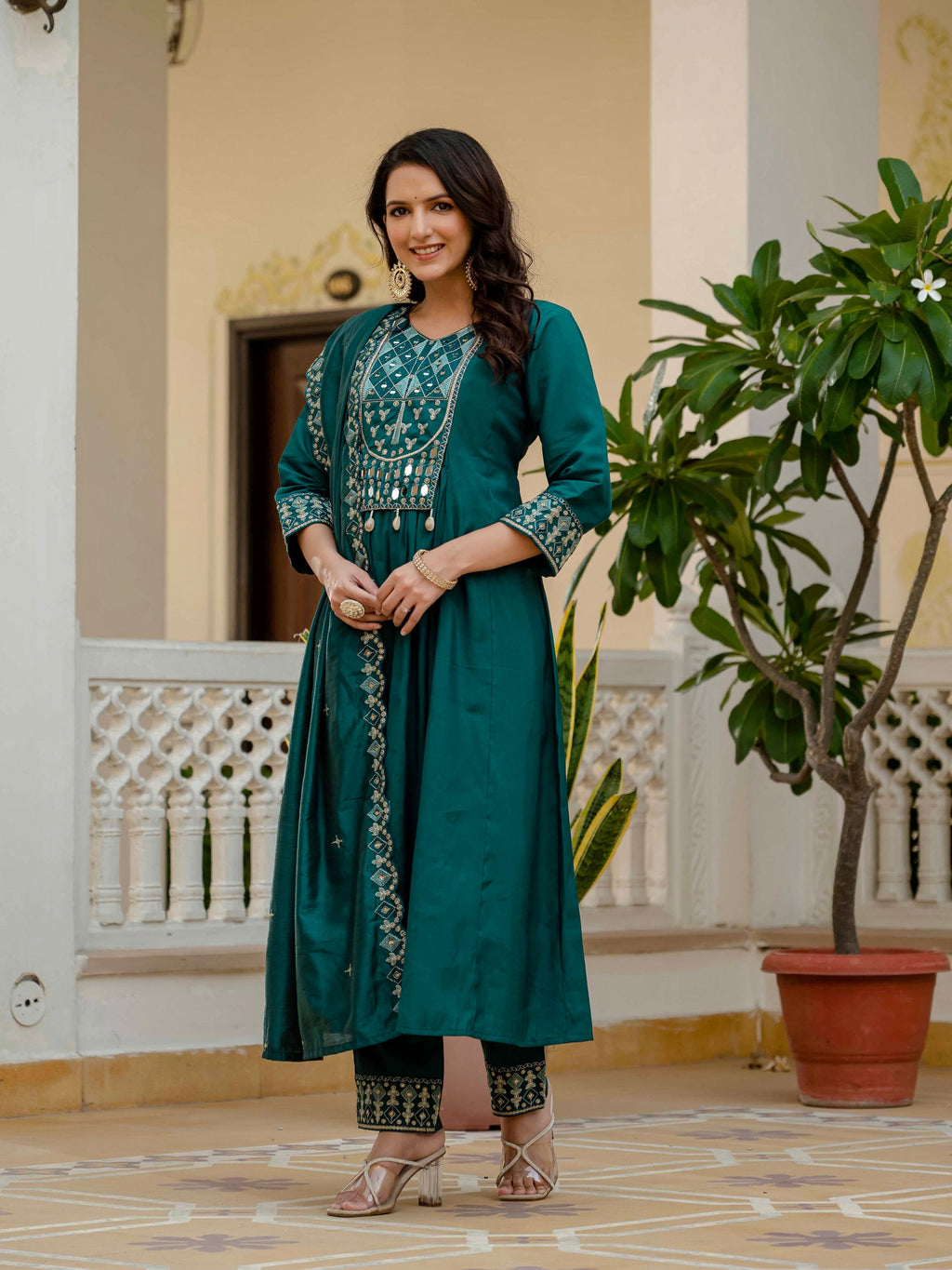 Vedant Vastram Roman Silk Hand Work & Embroidery Work Stitched Kurta Pant Dupatta Set-Rama