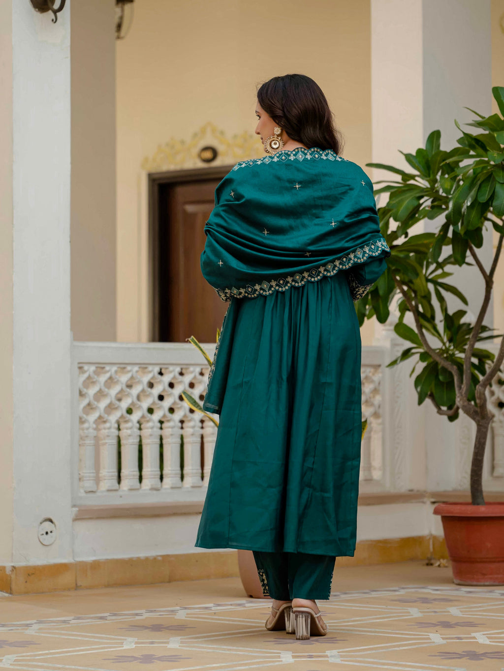 Vedant Vastram Roman Silk Hand Work & Embroidery Work Stitched Kurta Pant Dupatta Set-Rama