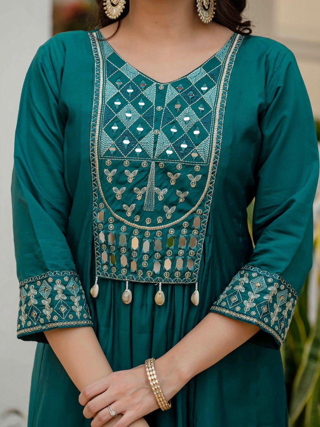 Vedant Vastram Roman Silk Hand Work & Embroidery Work Stitched Kurta Pant Dupatta Set-Rama