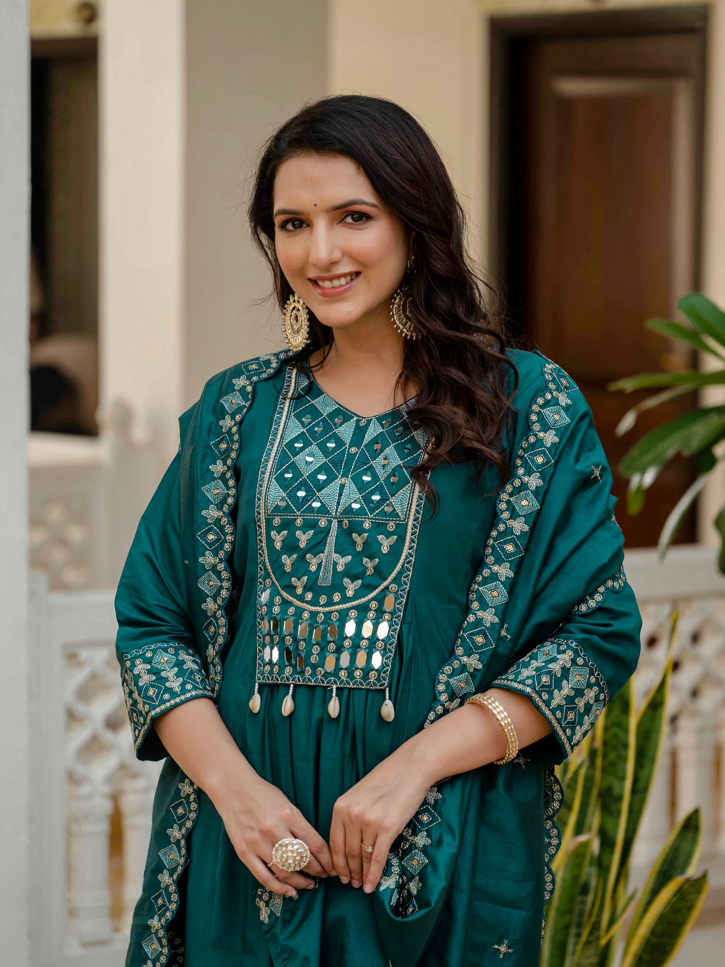 Vedant Vastram Roman Silk Hand Work & Embroidery Work Stitched Kurta Pant Dupatta Set-Rama