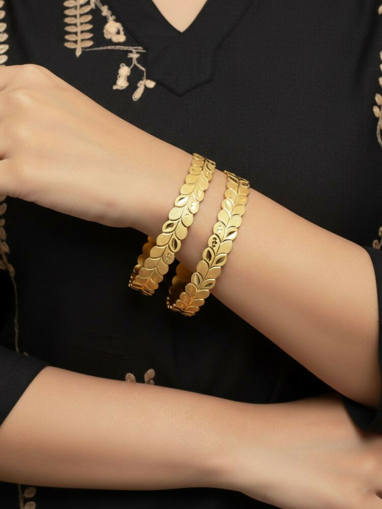 NVR Women Set of 2 Leaf Design Gold Plated Kada Bangle