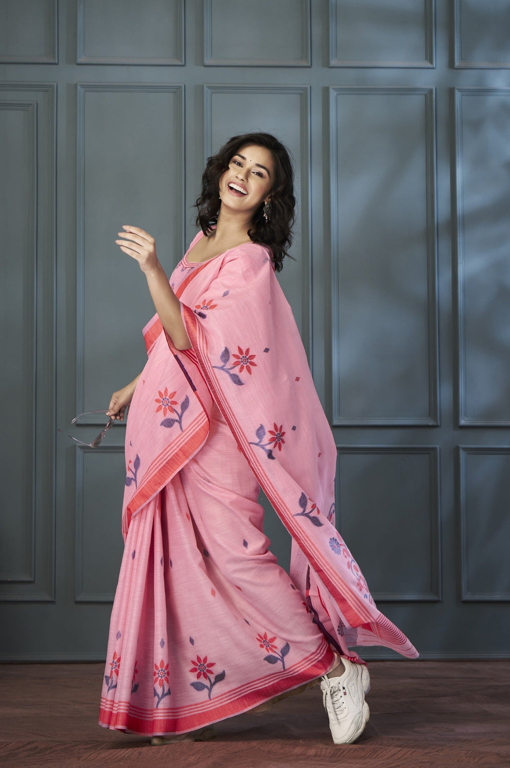 Anaita Pink Designer Weaving Handloom Linen Saree With Blouse
