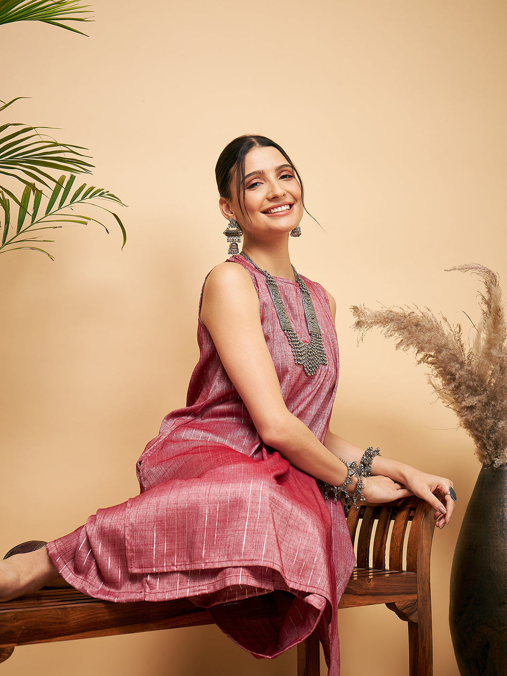InWeave Women's Wine Lurex Short Pallazo Kurta Set