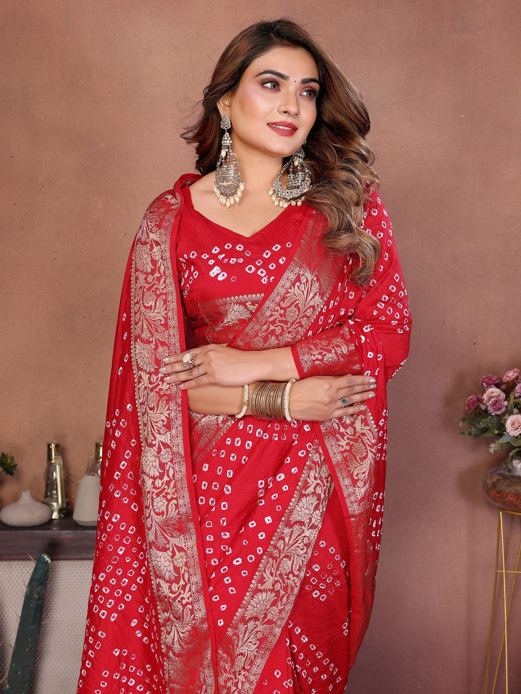 Anaita Red Handmade Bandhej Viscose Silk Saree With Blouse